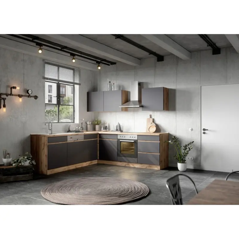 Einbauk&uuml;che Eckk&uuml;che M&ouml;belix Turin ohne Ger&auml;te 240x240 cm Grau/Eiche Dekor