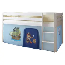 Kinderbett Malte 90x200cm Holz massiv Wei&szlig;/Blau mit Vorhang