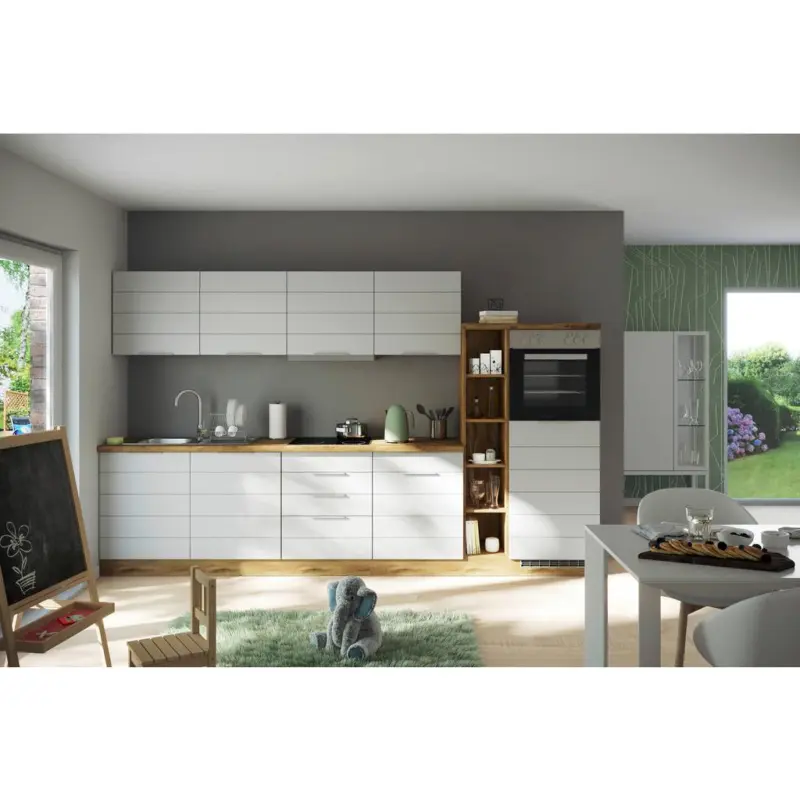 K&uuml;chenzeile Florenz m. Ger&auml;ten 330 cm Wei&szlig;/Eichefarben
