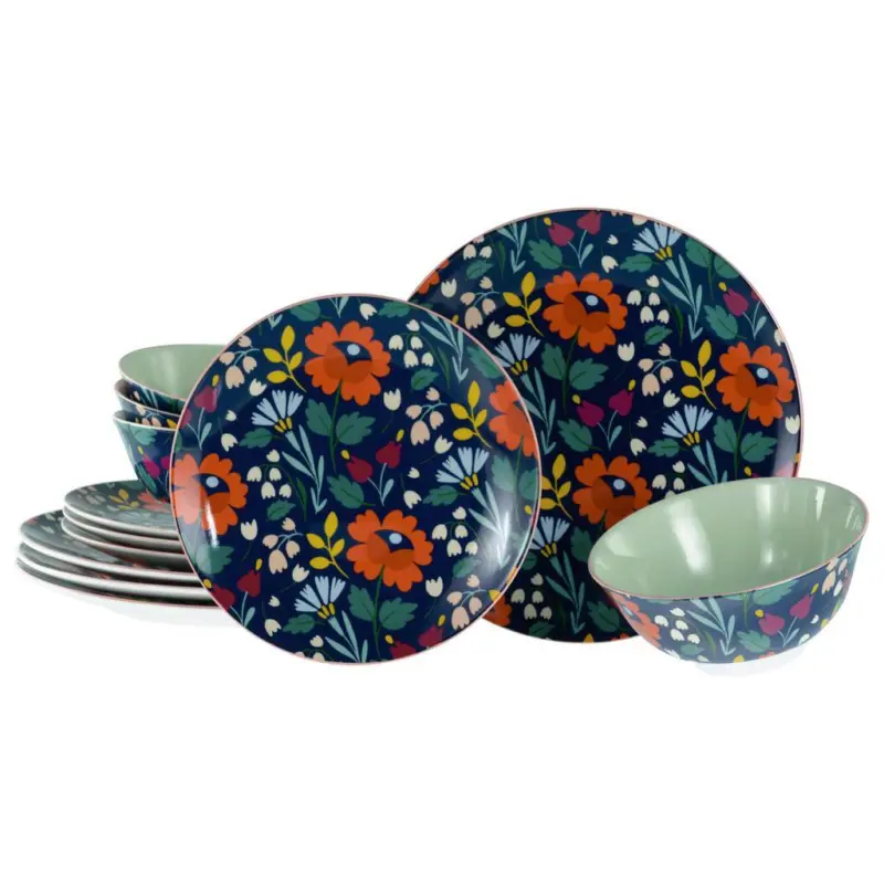Speisetellerset 12--Teilig. Folklore Blau, Multicolor