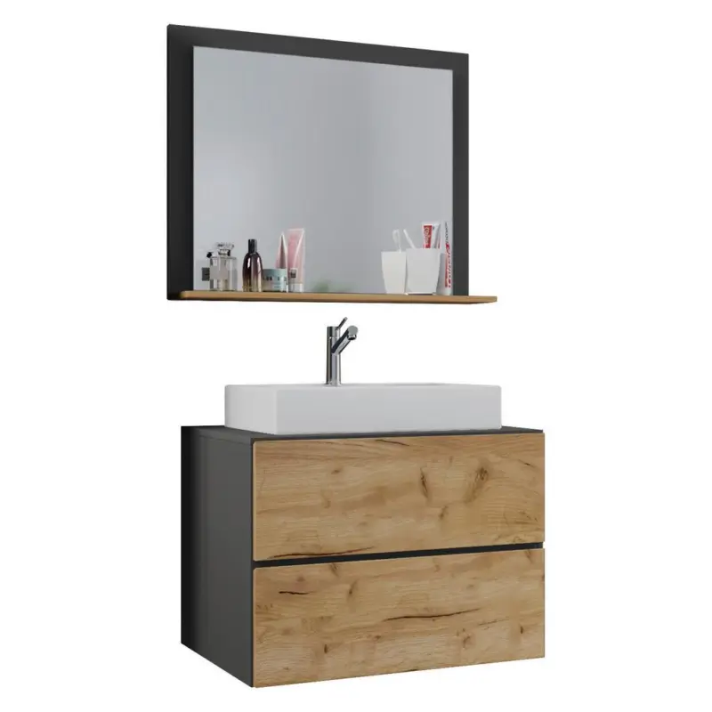 Badm&ouml;bel-Set 3--Teilig. Lendas B: 80 cm Anthrazit/Eiche Dekor