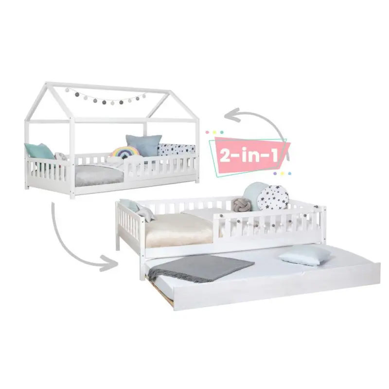 Bodenbett 90/200 cm in Wei&szlig; inkl. Matratzen und Zusatzbett