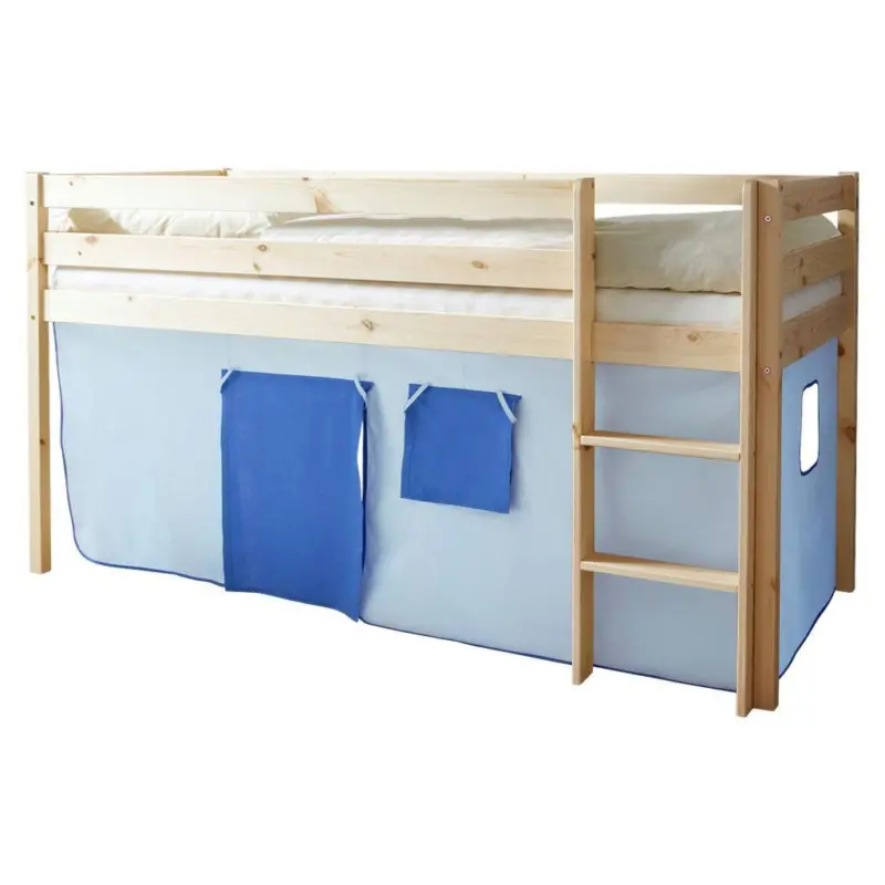 Spielbett Malte Blau Kiefer massiv 90 cm Vorhang Leiter