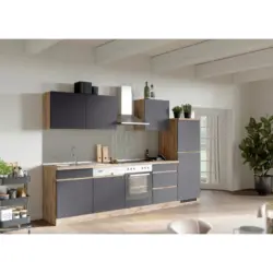 K&uuml;chenzeile Turin mit Ger&auml;ten B: 300cm Grau/Wotaneiche Dekor