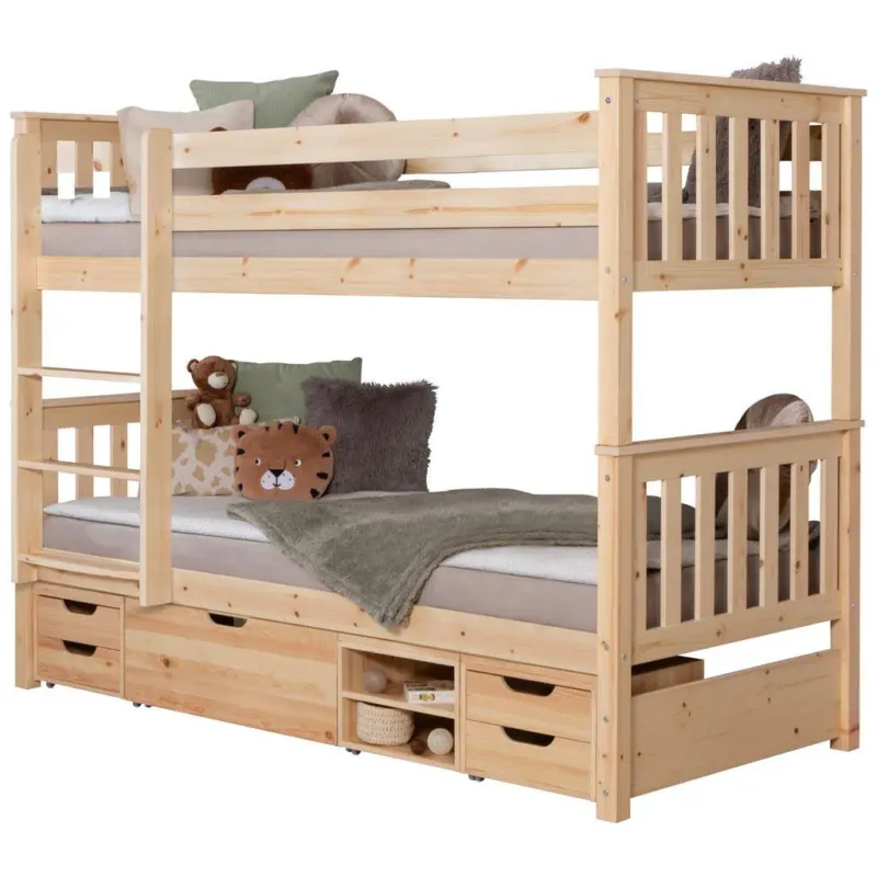 Etagenbett Sammy Kiefer massiv 90 cm m. Bettkasten + Leiter