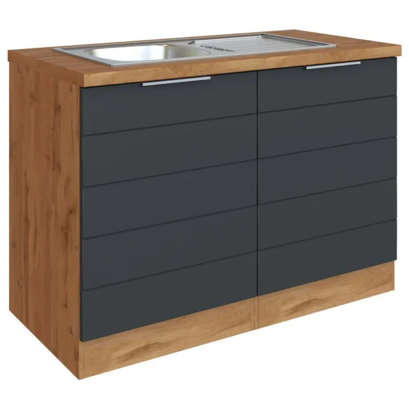 Sp&uuml;lenschrank mit Sp&uuml;le B: 120 cm Grau/Eiche Dekor 2 T&uuml;ren