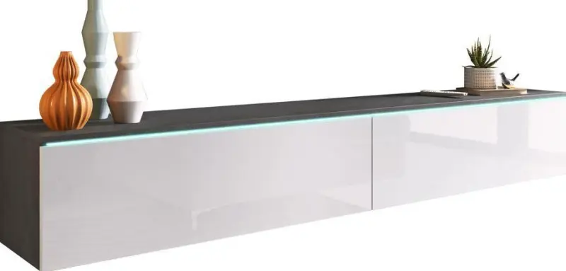 Lowboard ca. 180x30 cm mit LED Anthrazit/Wei&szlig; hochgl.