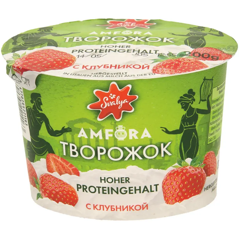 Frischk&auml;sezubereitung nach griechischer Art, mit aromatisierter Erdbeerzubereitung, Magerstufe im Milchanteil. Hoher Proteingehalt. Laktosefrei