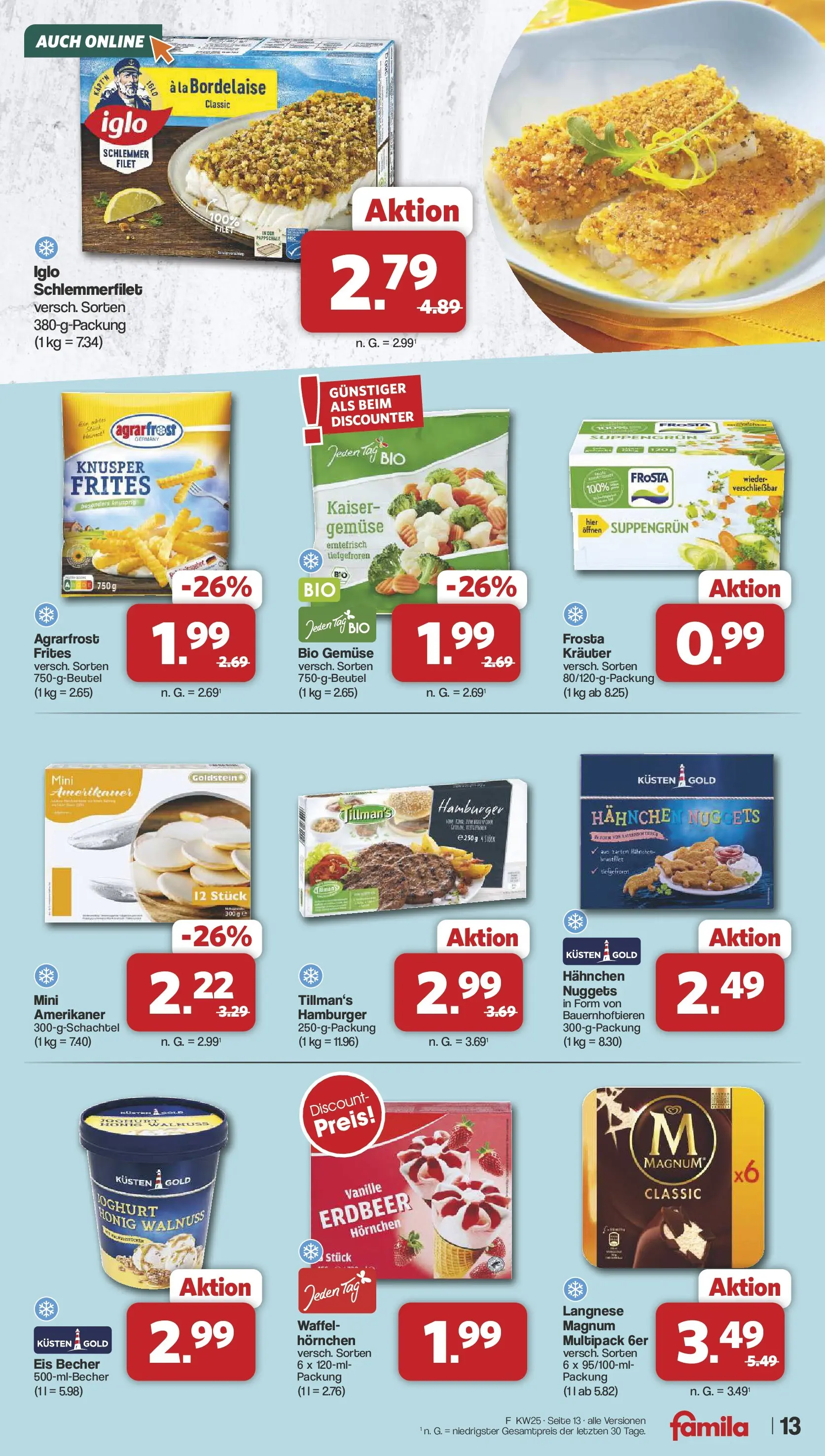 Famila Nordwest Wochenangebote (ab 15.06.2026) zum Blättern | Seite: 13 | Produkte: Langnese, Hahnchen, Frosta, Gemüse