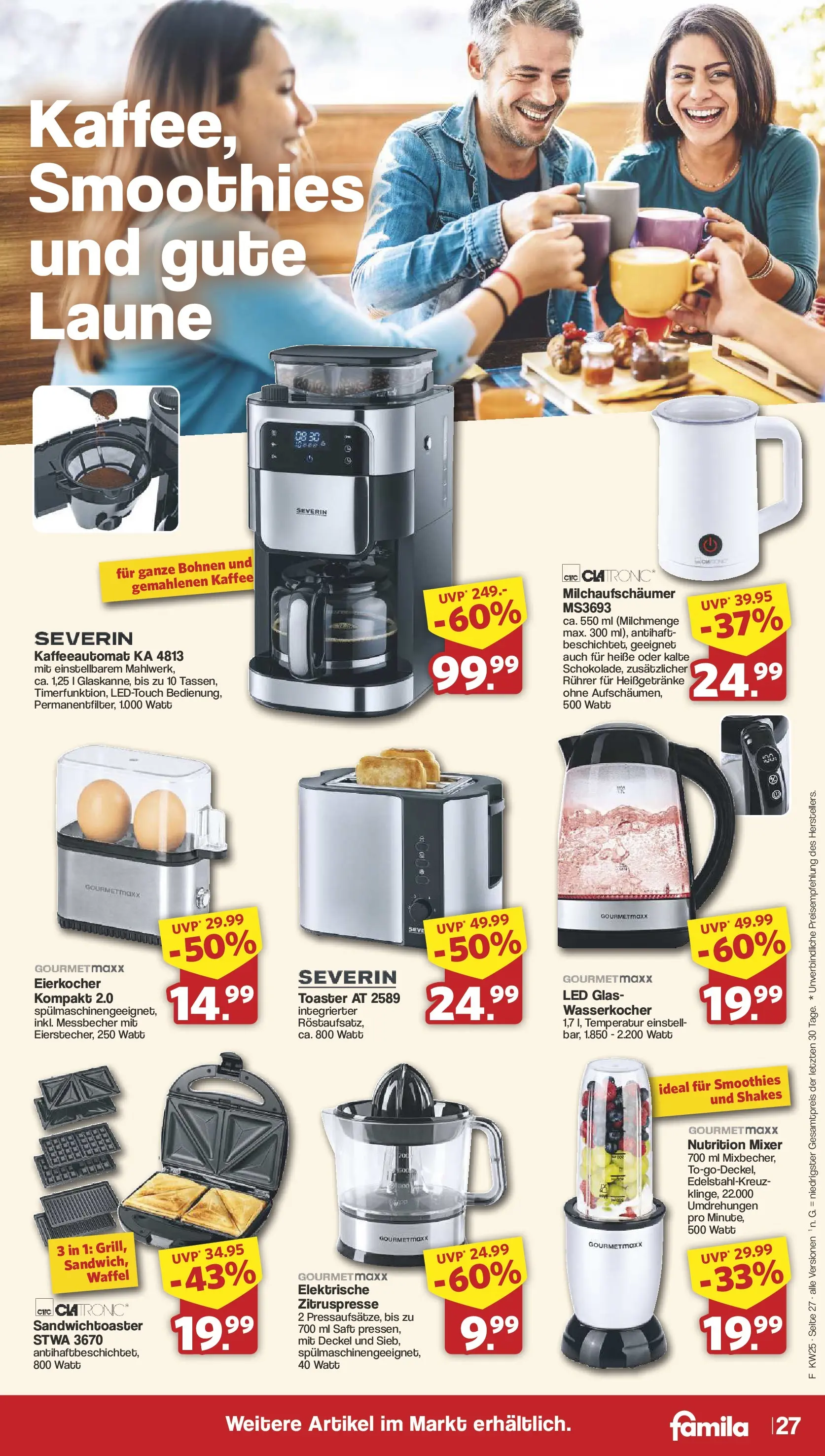 Famila Nordwest Wochenangebote (ab 15.06.2026) zum Blättern | Seite: 32 | Produkte: Wasserkocher, Toaster, Saft, Eierkocher