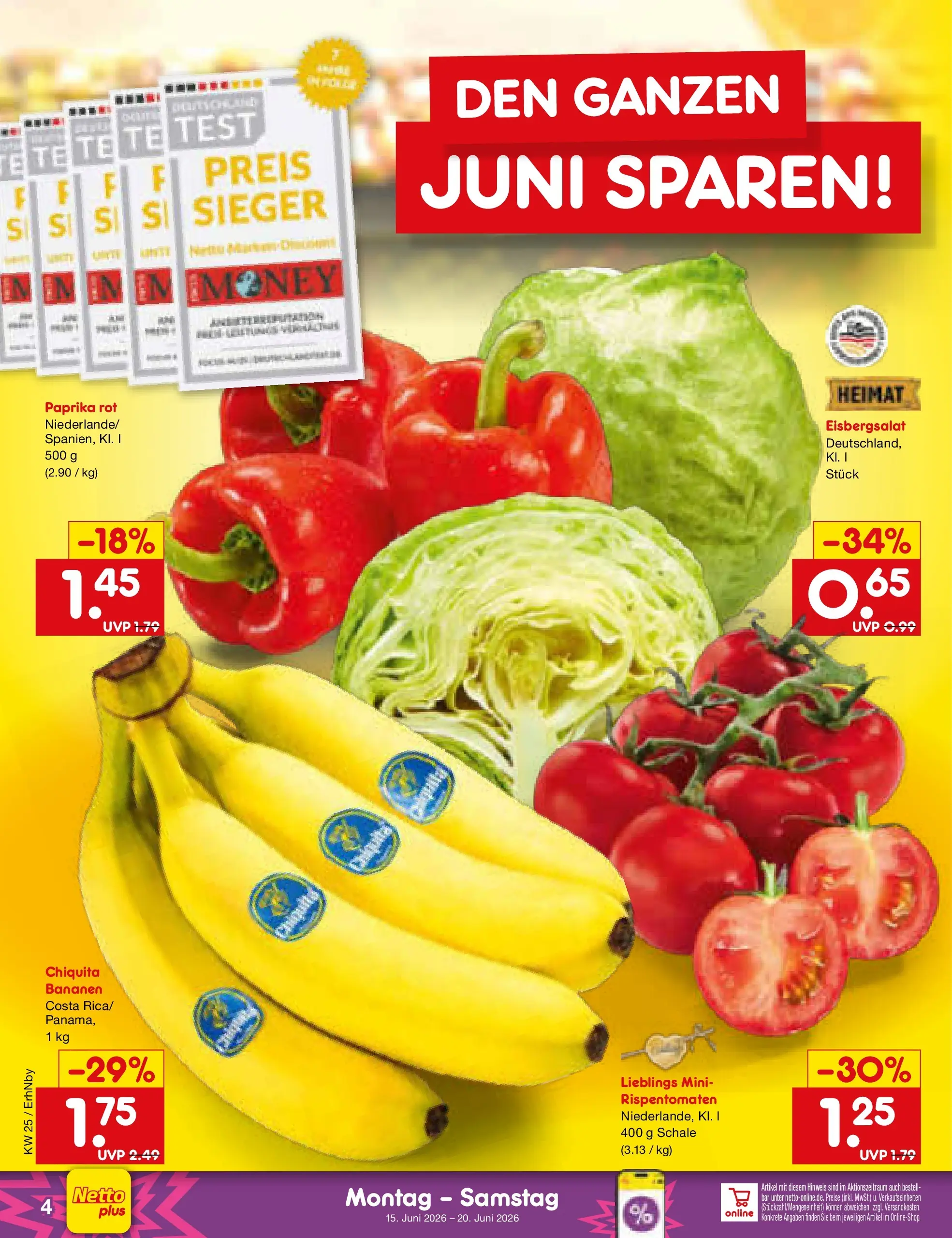 Netto Marken-Discount Prospekt Ergolding (ab 15.06.2026) » Angebote | Seite: 4 | Produkte: Paprika rot, Bananen, Eisbergsalat, Paprika