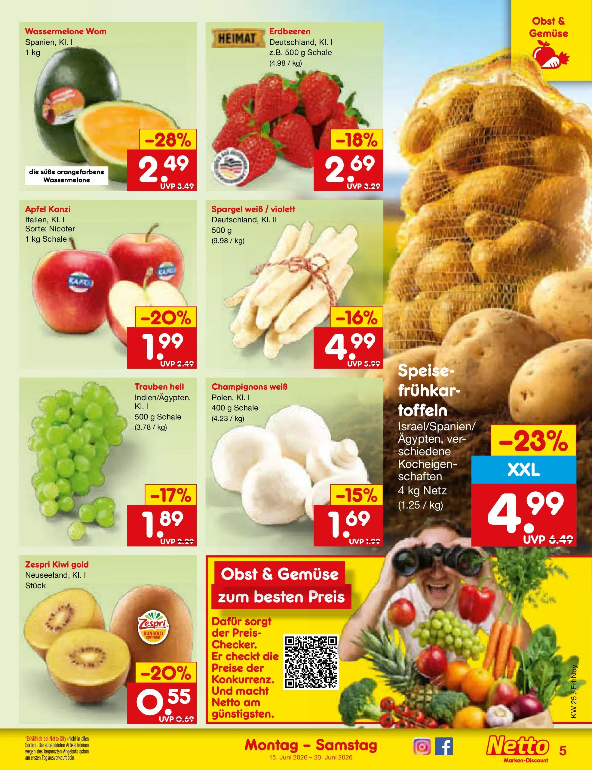 Netto Marken-Discount Prospekt Ergolding (ab 15.06.2026) » Angebote | Seite: 5 | Produkte: Spargel, Champignons, Gemüse, Wassermelone