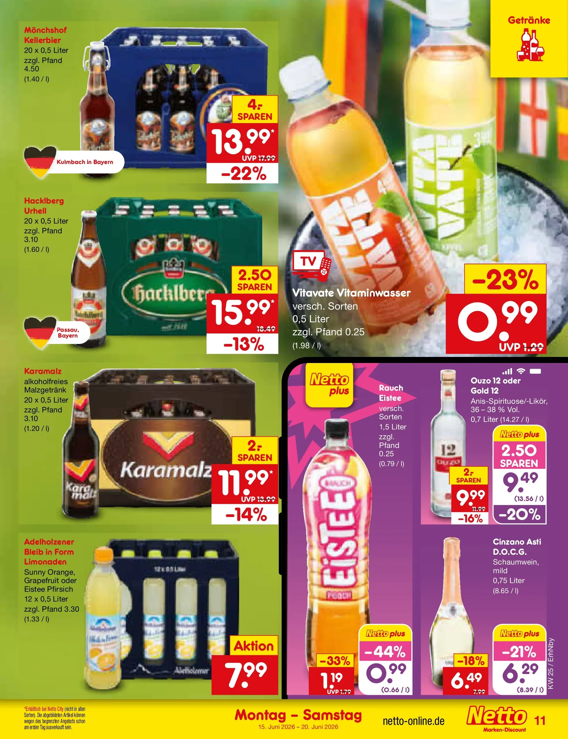 Netto Marken-Discount Prospekt Ergolding (ab 15.06.2026) » Angebote | Seite: 13 | Produkte: Ouzo, Adelholzener, Grapefruit, Pfirsich