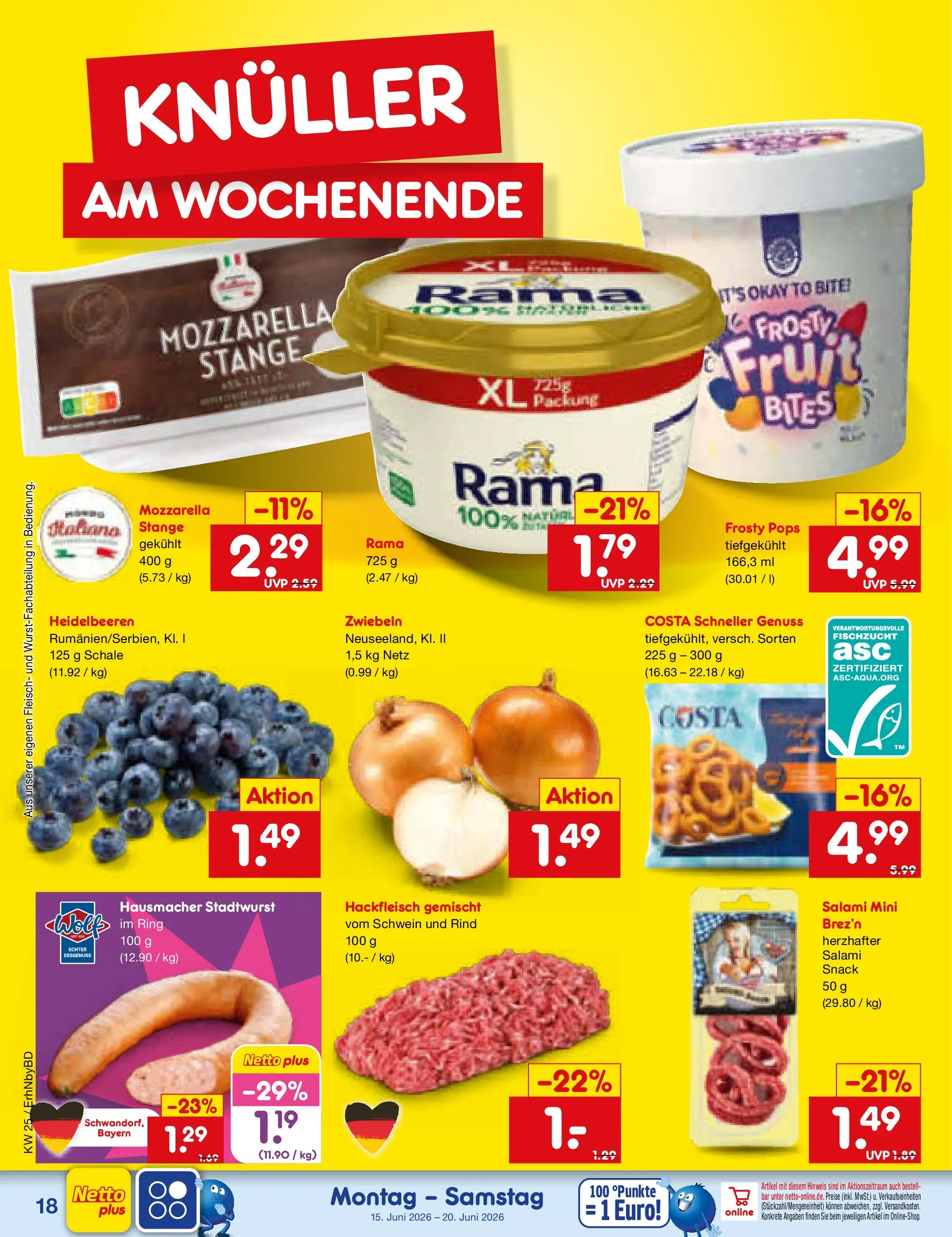 Netto Marken-Discount Prospekt Ergolding (ab 15.06.2026) » Angebote | Seite: 22 | Produkte: Mozzarella, Heidelbeeren, Salami, Fleisch