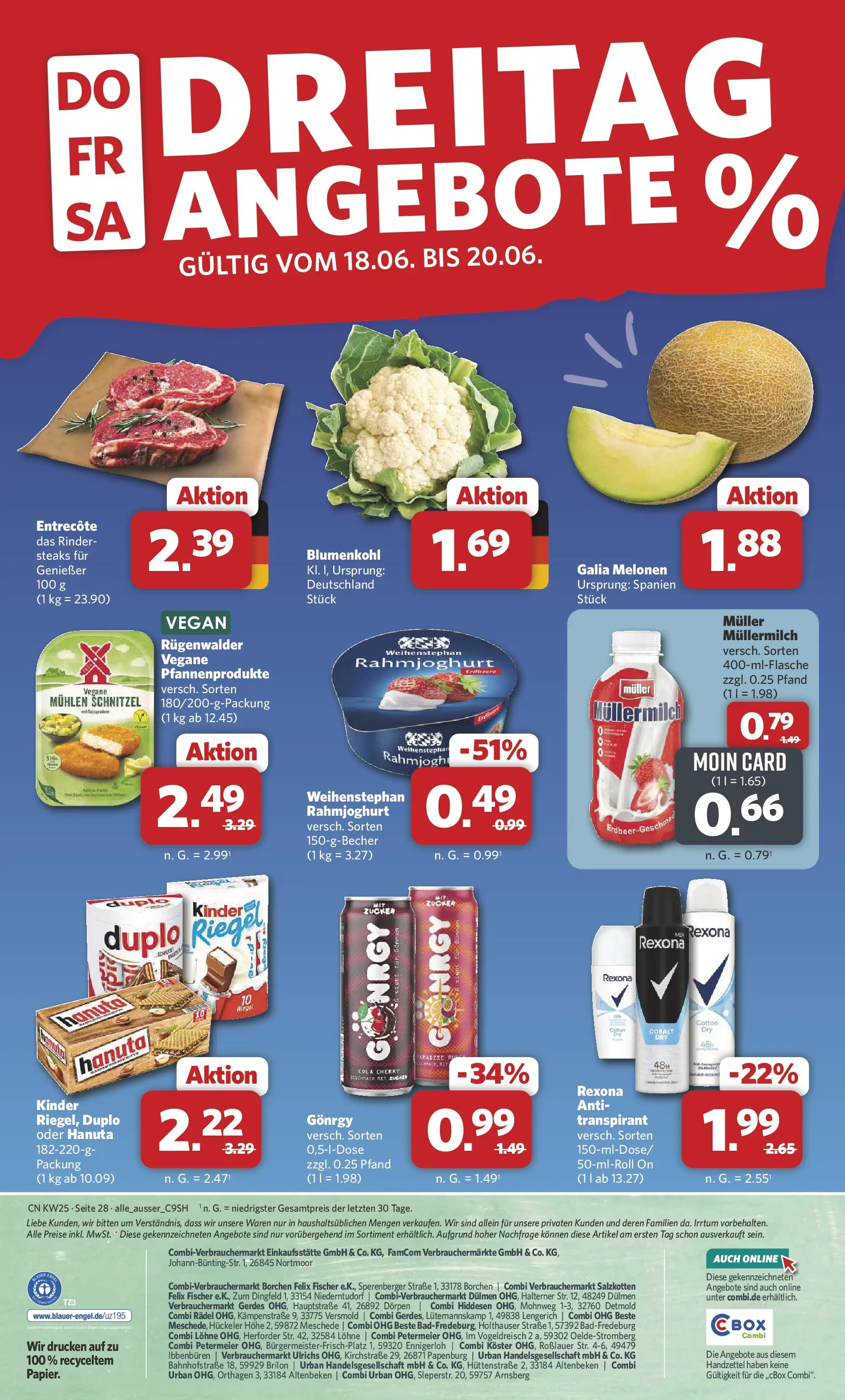 Combi Unsere Combi Wochenangebote (ab 15.06.2026) zum Blättern | Seite: 32 | Produkte: Cola, Schnitzel, Blumenkohl, Müllermilch