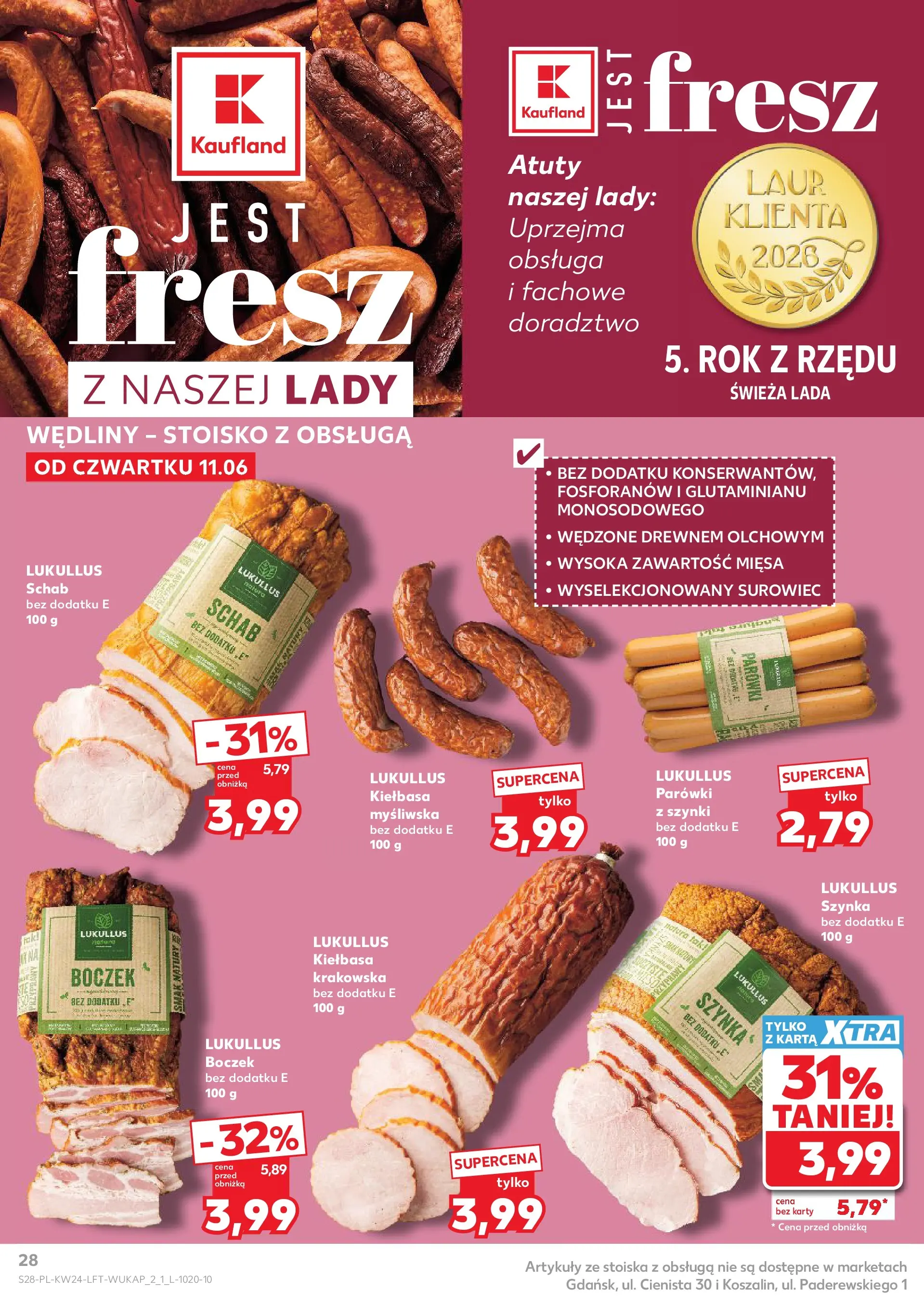 Kaufland gazetka od 11.06.2026 - od jutra PDF | Strona: 28 | Produkty: Schab, Myśliwska, Parówki, Szynka