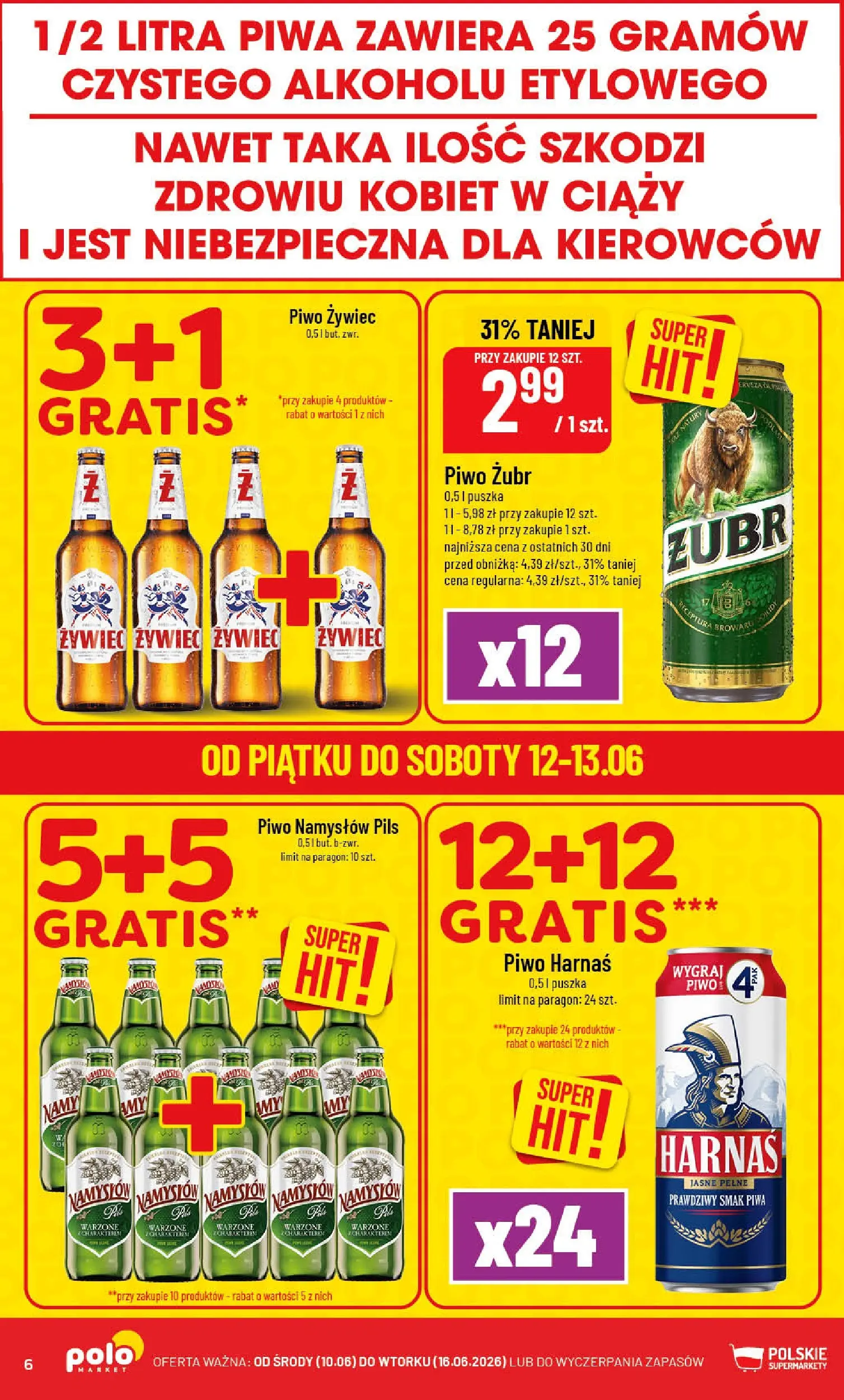 Nowa POLOmarket gazetka od jutra 10.06.2026 | Strona: 6 | Produkty: Piwo żubr, Harnaś, Piwo, Piwo Namysłów