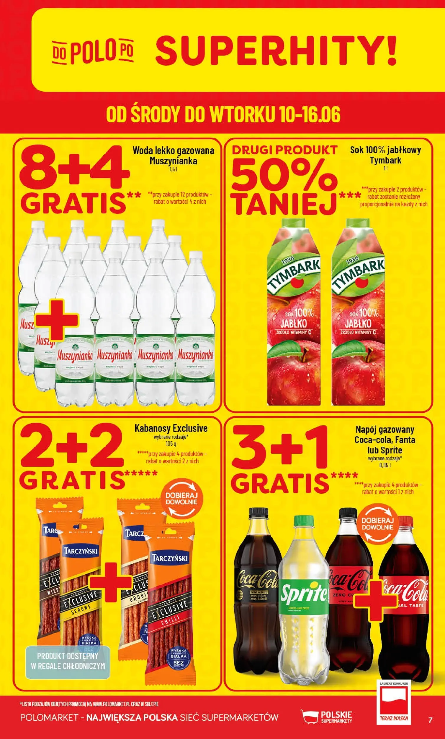 Nowa POLOmarket gazetka od jutra 10.06.2026 | Strona: 7 | Produkty: Muszynianka, Sprite, Sok, Woda