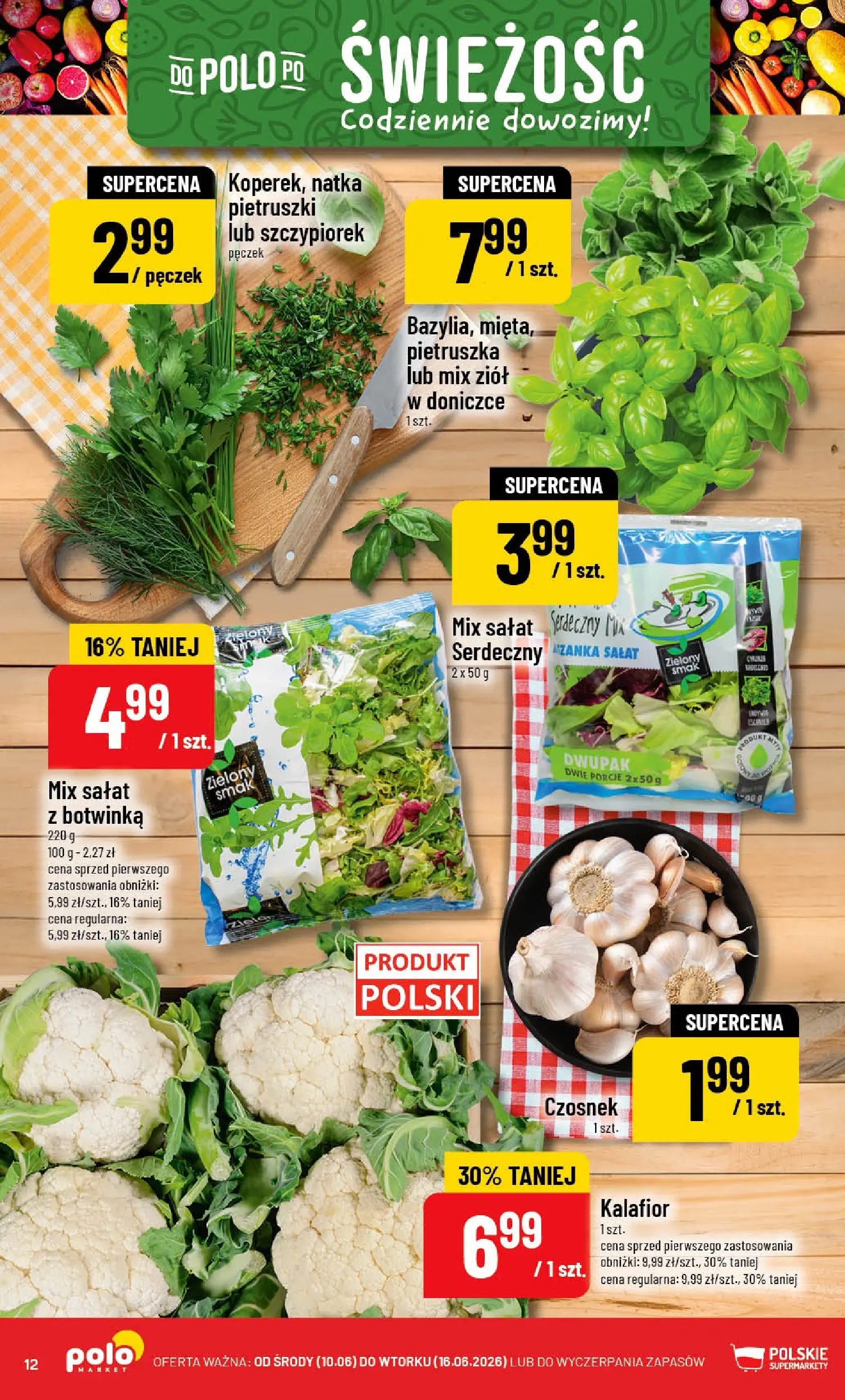 Nowa POLOmarket gazetka od jutra 10.06.2026 | Strona: 12 | Produkty: Czosnek, Kalafior, Botwinka, Mix sałat