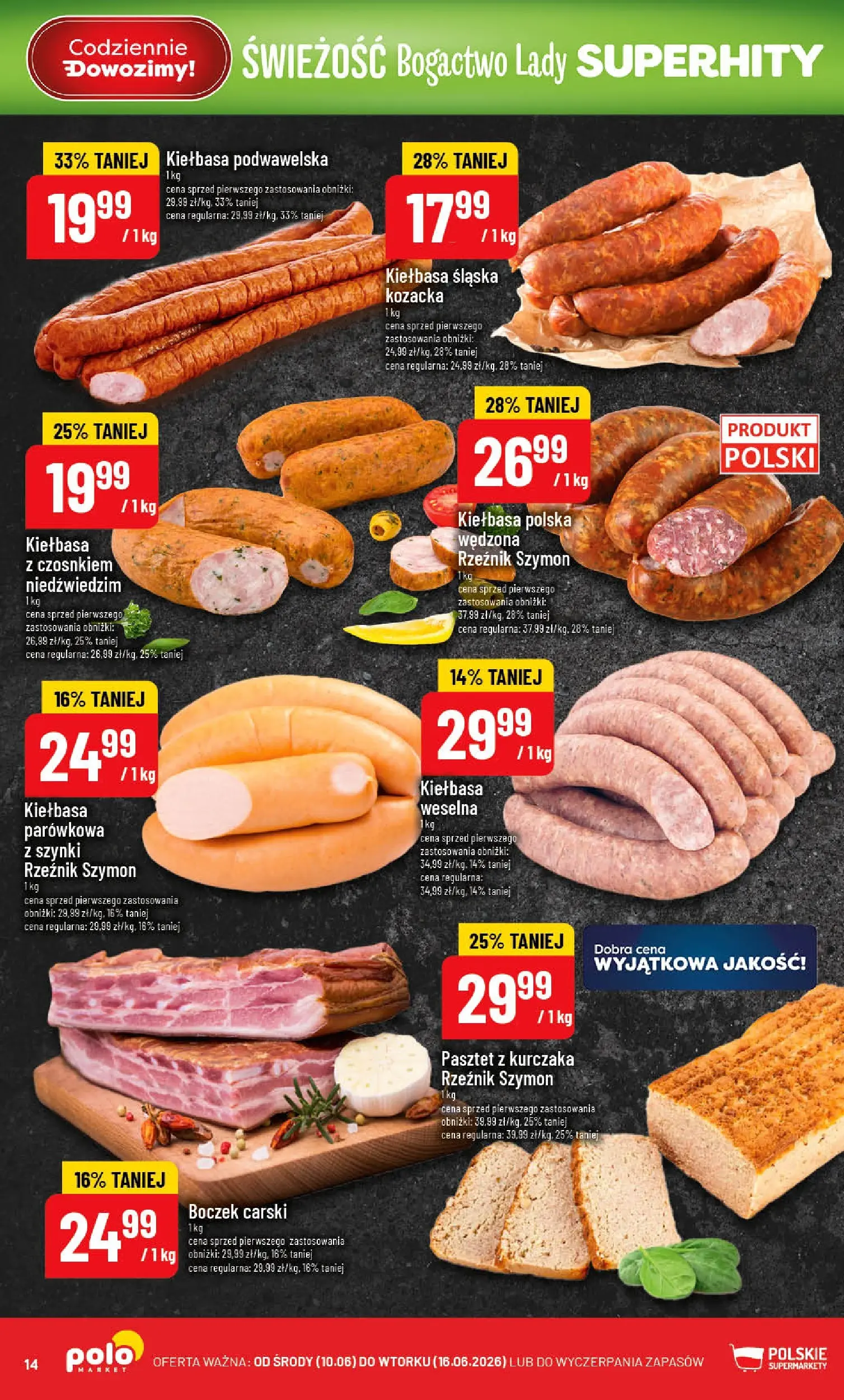 Nowa POLOmarket gazetka od jutra 10.06.2026 | Strona: 14 | Produkty: Kiełbasa, Kiełbasa śląska, Boczek, Kiełbasa podwawelska