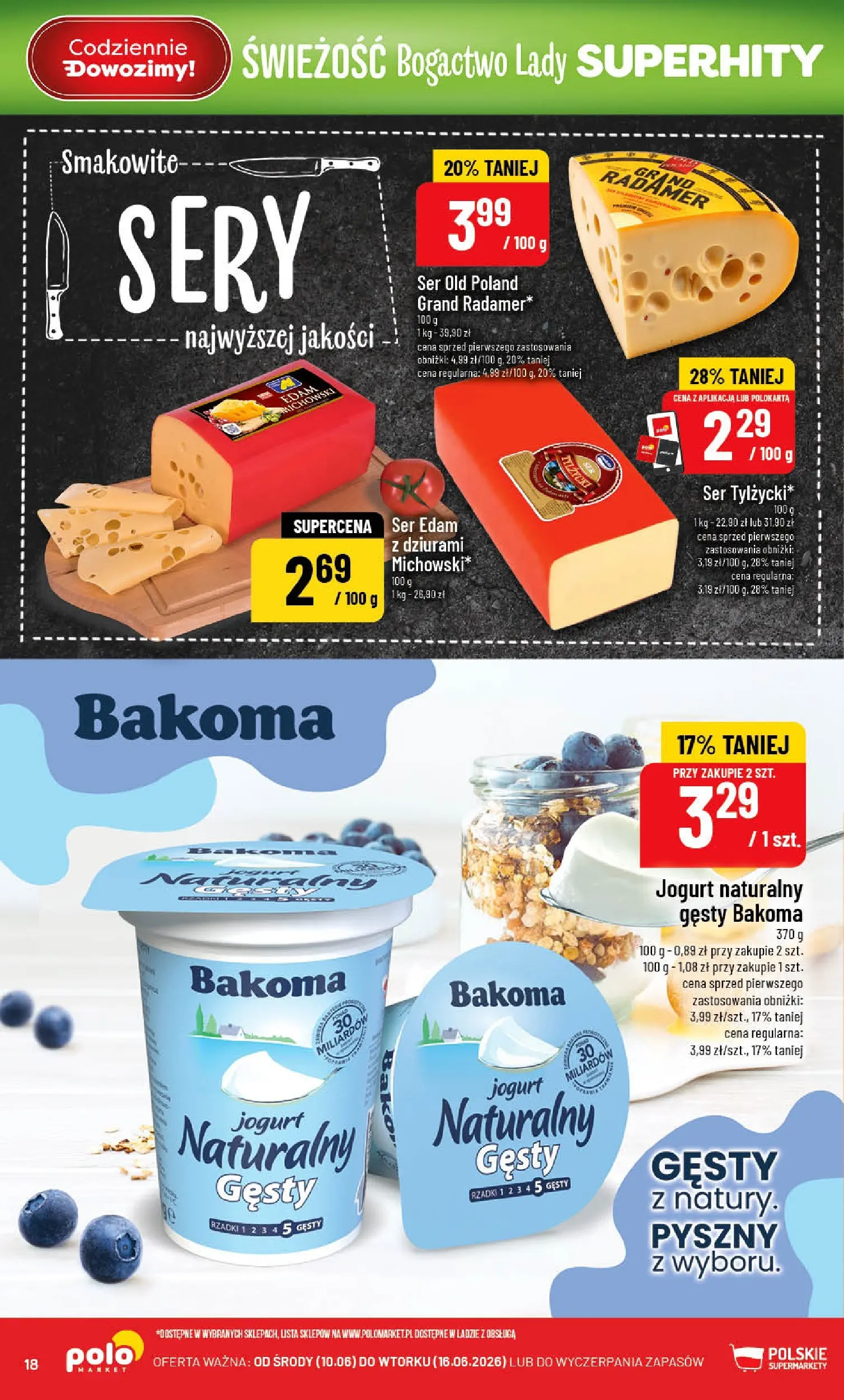Nowa POLOmarket gazetka od jutra 10.06.2026 | Strona: 18 | Produkty: Jogurt naturalny gęsty, Jogurt naturalny, Ser, Jogurt