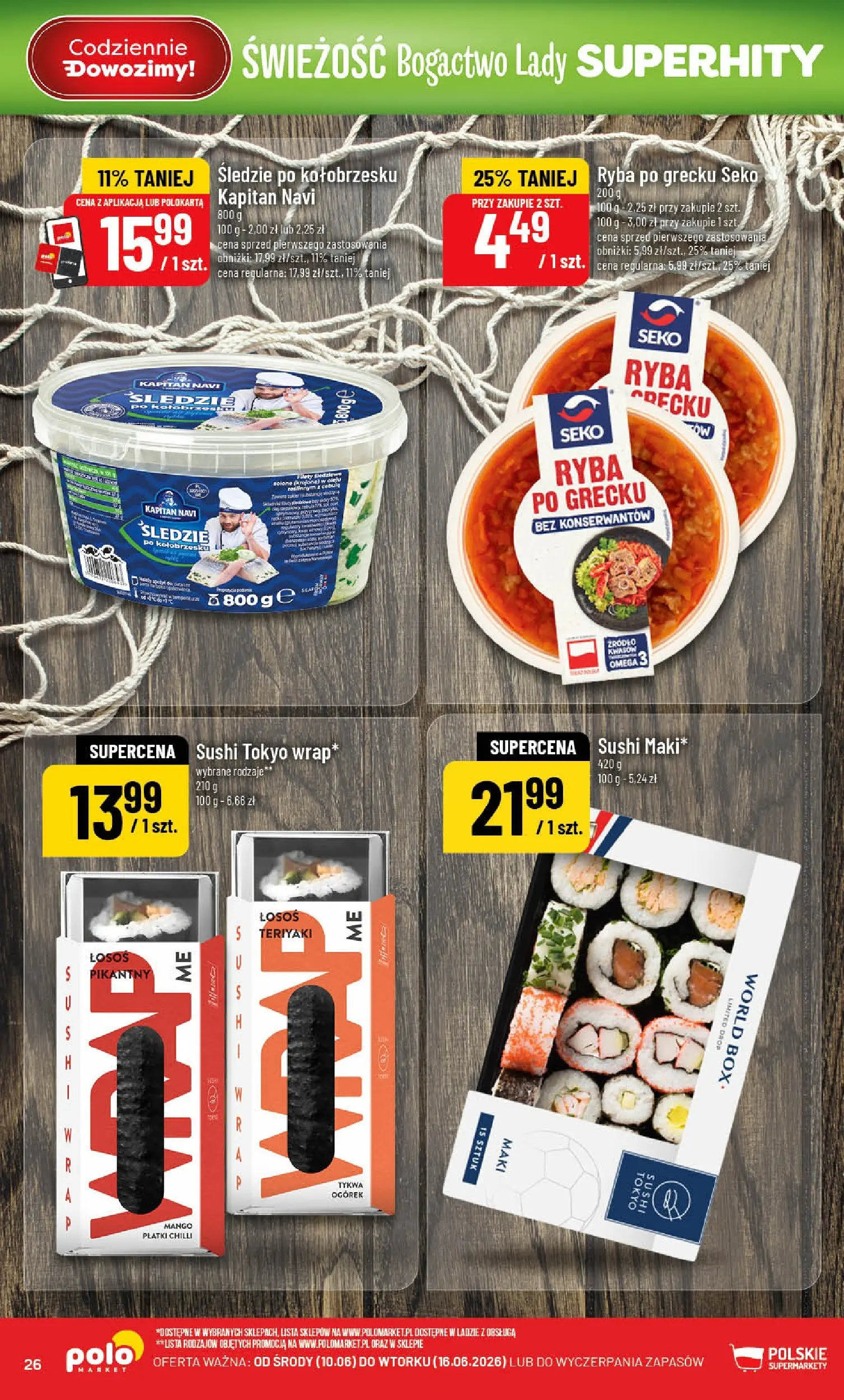 Nowa POLOmarket gazetka od jutra 10.06.2026 | Strona: 26 | Produkty: Łosoś, Sushi, Płatki, Ryba
