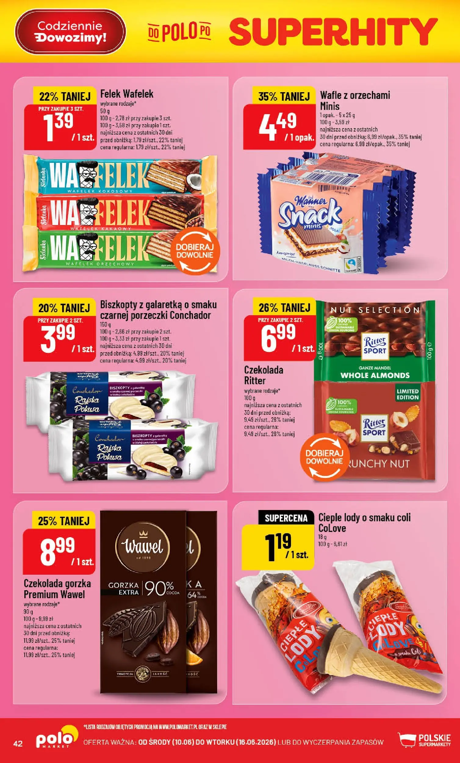 Nowa POLOmarket gazetka od jutra 10.06.2026 | Strona: 42 | Produkty: Wafle, Czekolada gorzka, Czekolada, Lody