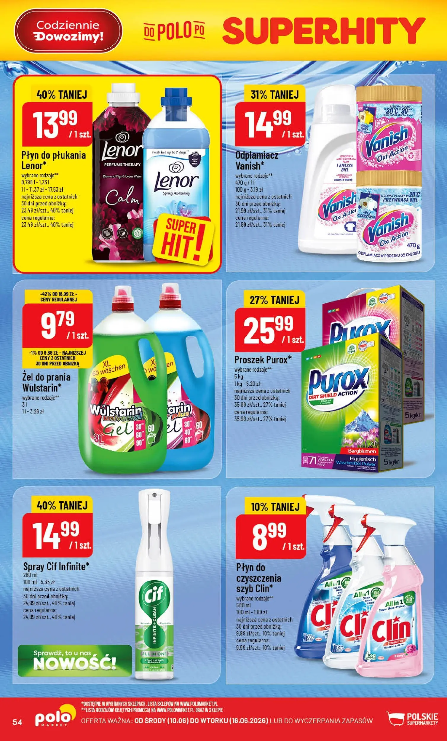 Nowa POLOmarket gazetka od jutra 10.06.2026 | Strona: 54 | Produkty: Vanish, Płyn do płukania Lenor, Odplamiacz