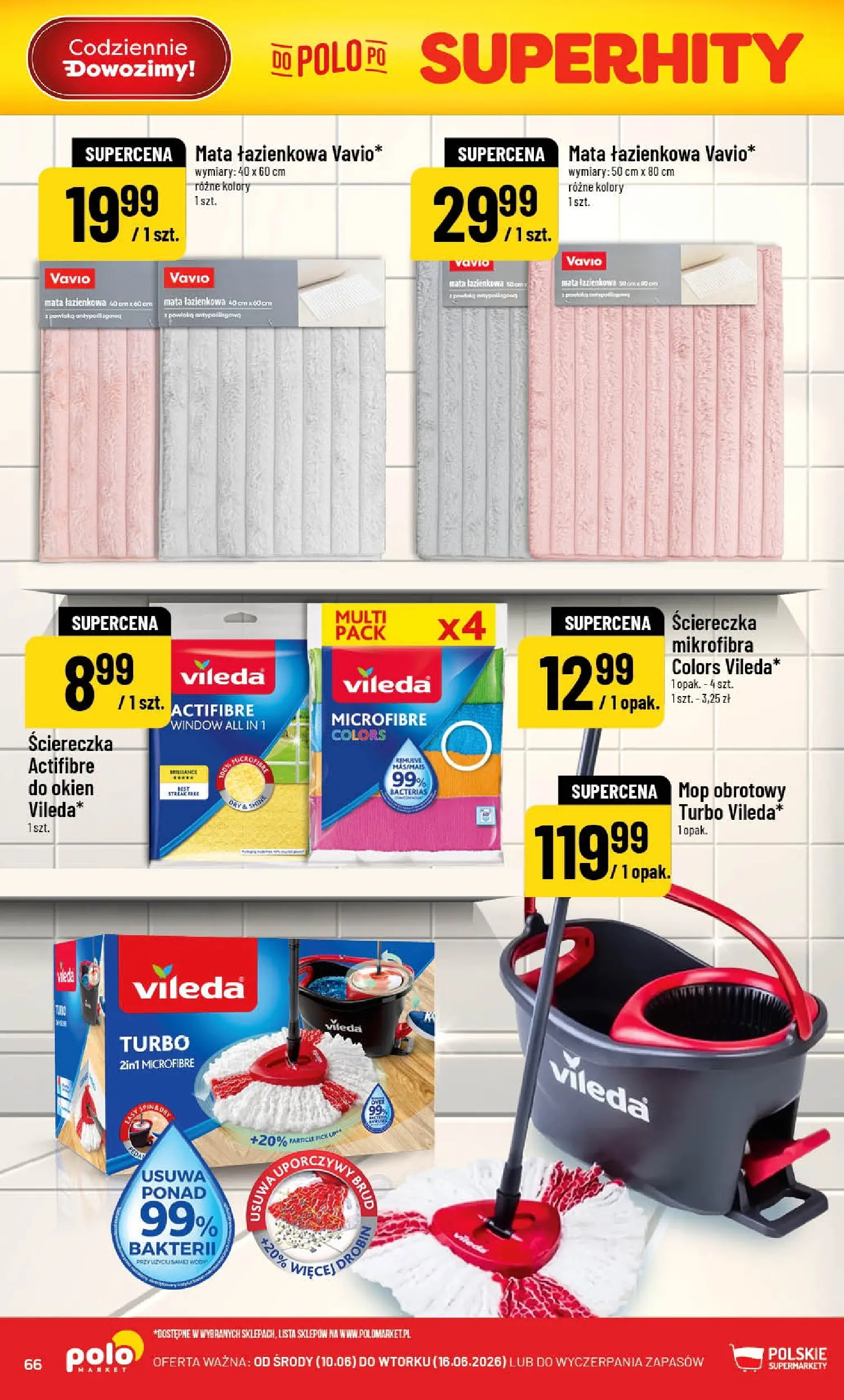 Nowa POLOmarket gazetka od jutra 10.06.2026 | Strona: 66 | Produkty: Mop obrotowy, Vileda, Mata łazienkowa