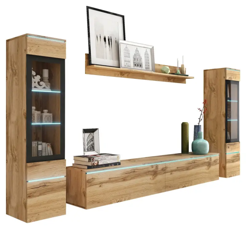 Wohnwand Vera ca.240x130x33cm Eiche Wotan mit LED