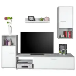 Wohnwand modern 4 -Teilig. Aran Betonoptik/Perlwei&szlig;