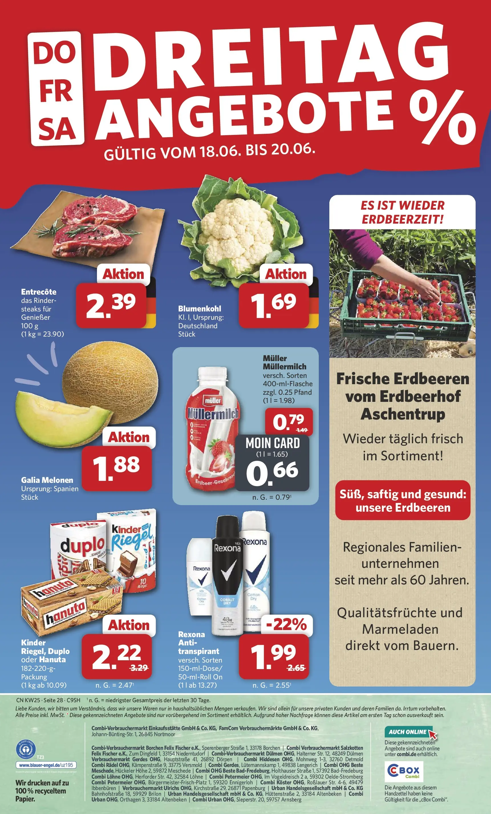 Combi Unsere Combi Wochenangebote (ab 15.06.2026) zum Blättern | Seite: 32 | Produkte: Entrecote, Blumenkohl, Müllermilch, Erdbeeren