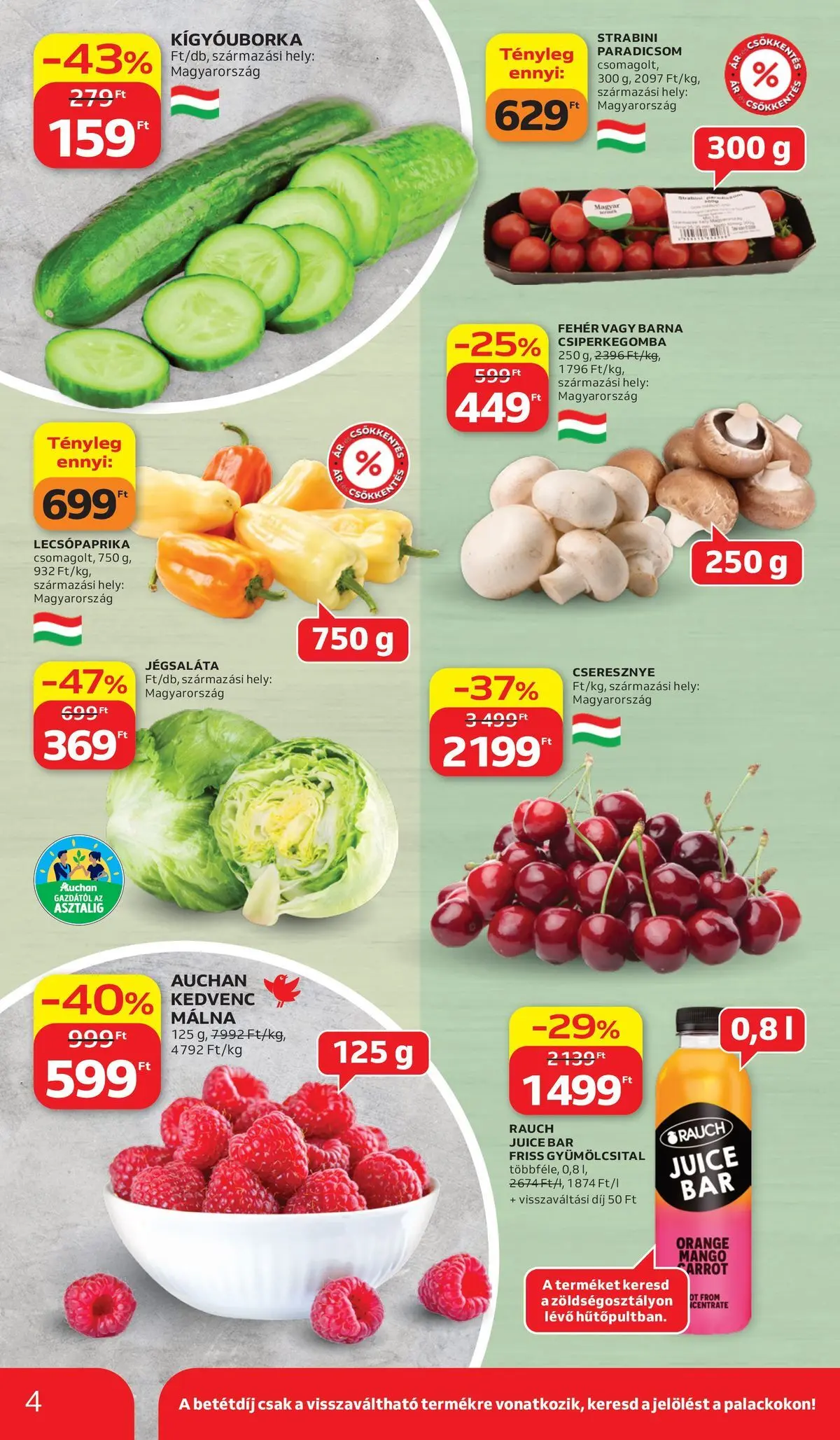 Auchan - Auchan újság érvényessége 2026.06.17-ig - 2026.06.10. -tól/töl > akció, lapozható szórólap 🛍️ | Oldal: 4 | Termékek: Lecsópaprika, Kígyóuborka, Cseresznye, Paradicsom