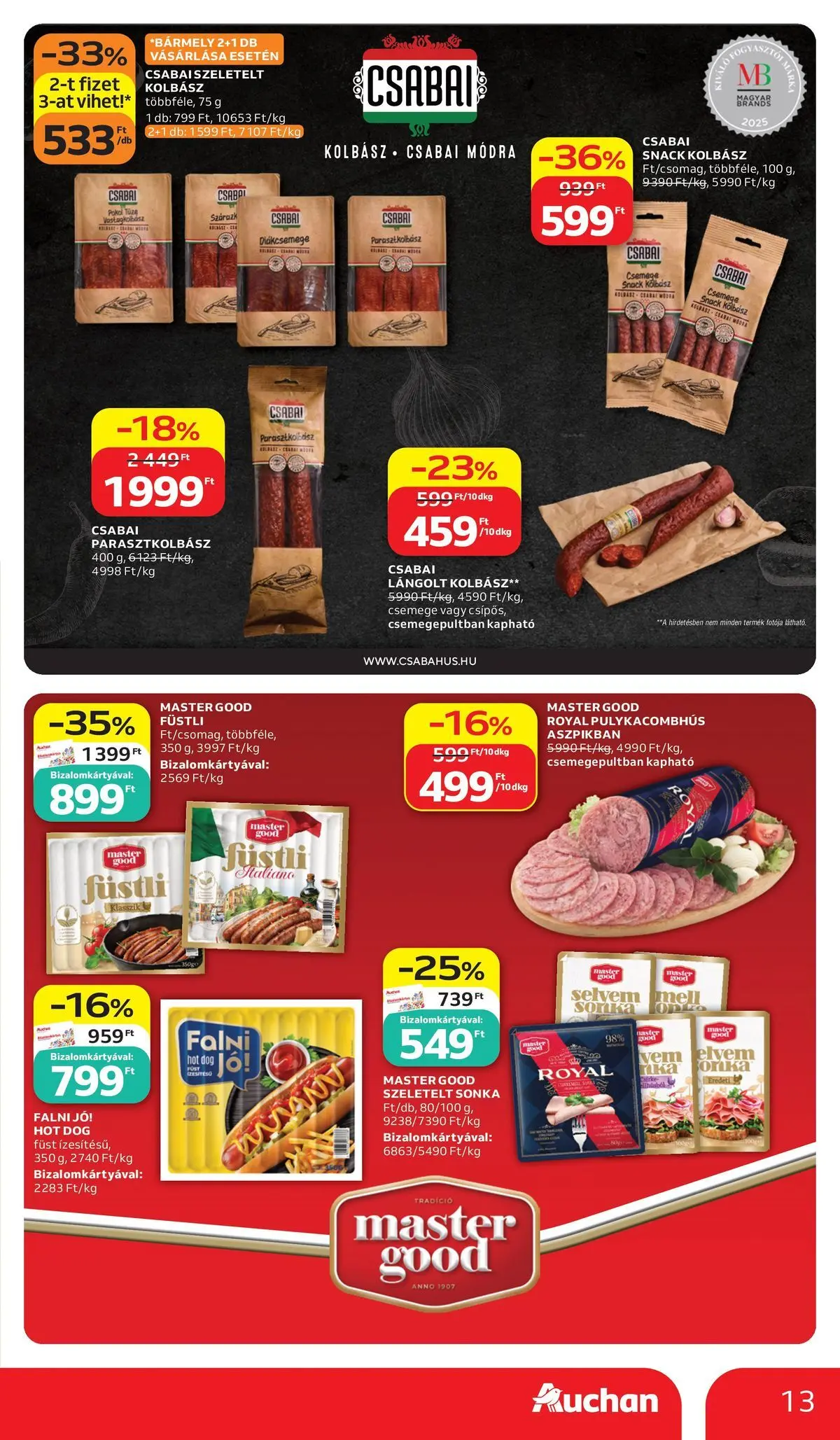 Auchan - Auchan újság érvényessége 2026.06.17-ig - 2026.06.10. -tól/töl > akció, lapozható szórólap 🛍️ | Oldal: 13 | Termékek: Kolbász, Csabai kolbász, Sonka, Lángolt kolbász