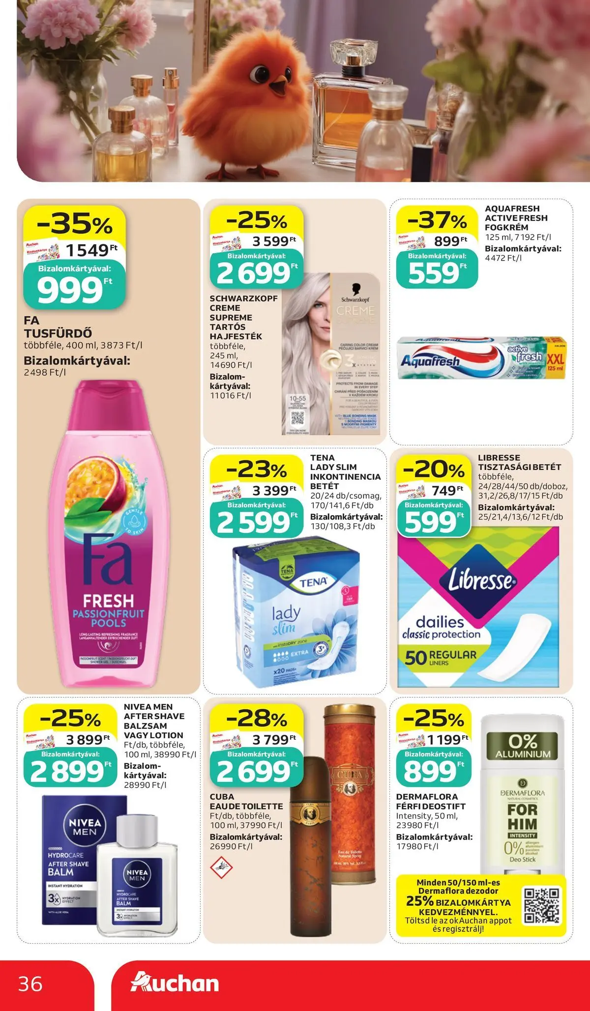 Auchan - Auchan újság érvényessége 2026.06.17-ig - 2026.06.10. -tól/töl > akció, lapozható szórólap 🛍️ | Oldal: 36 | Termékek: Tisztasági betét, Tusfürdő, Dezodor, Fogkrém