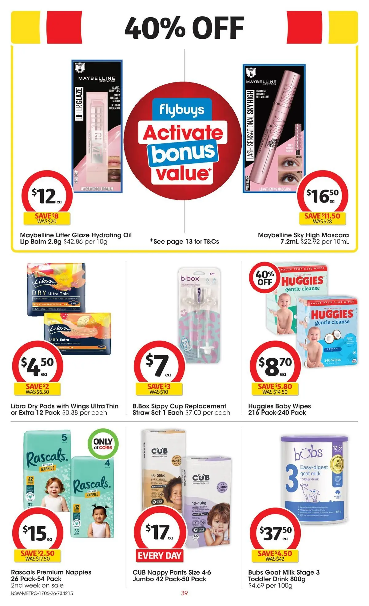 ﻿Coles catalogue valid from 17/06/2026 > Online Australia | Page: 39 | Products: Mascara, Milk, Nappies, Pants