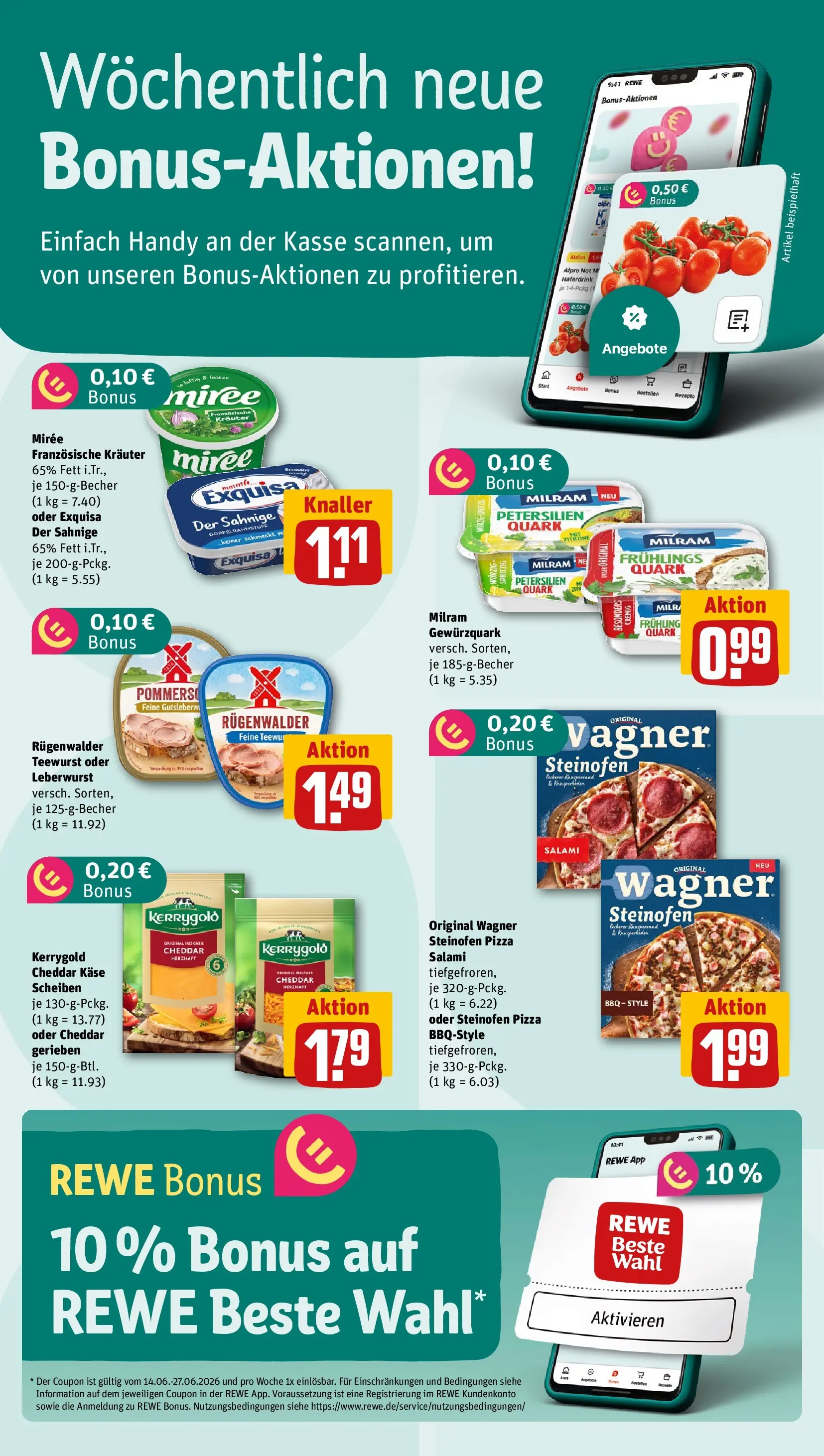 REWE Prospekt ab 14.06.2026 zum Blättern » Angebote | Seite: 2 | Produkte: Quark, Exquisa, Alpro, Salami