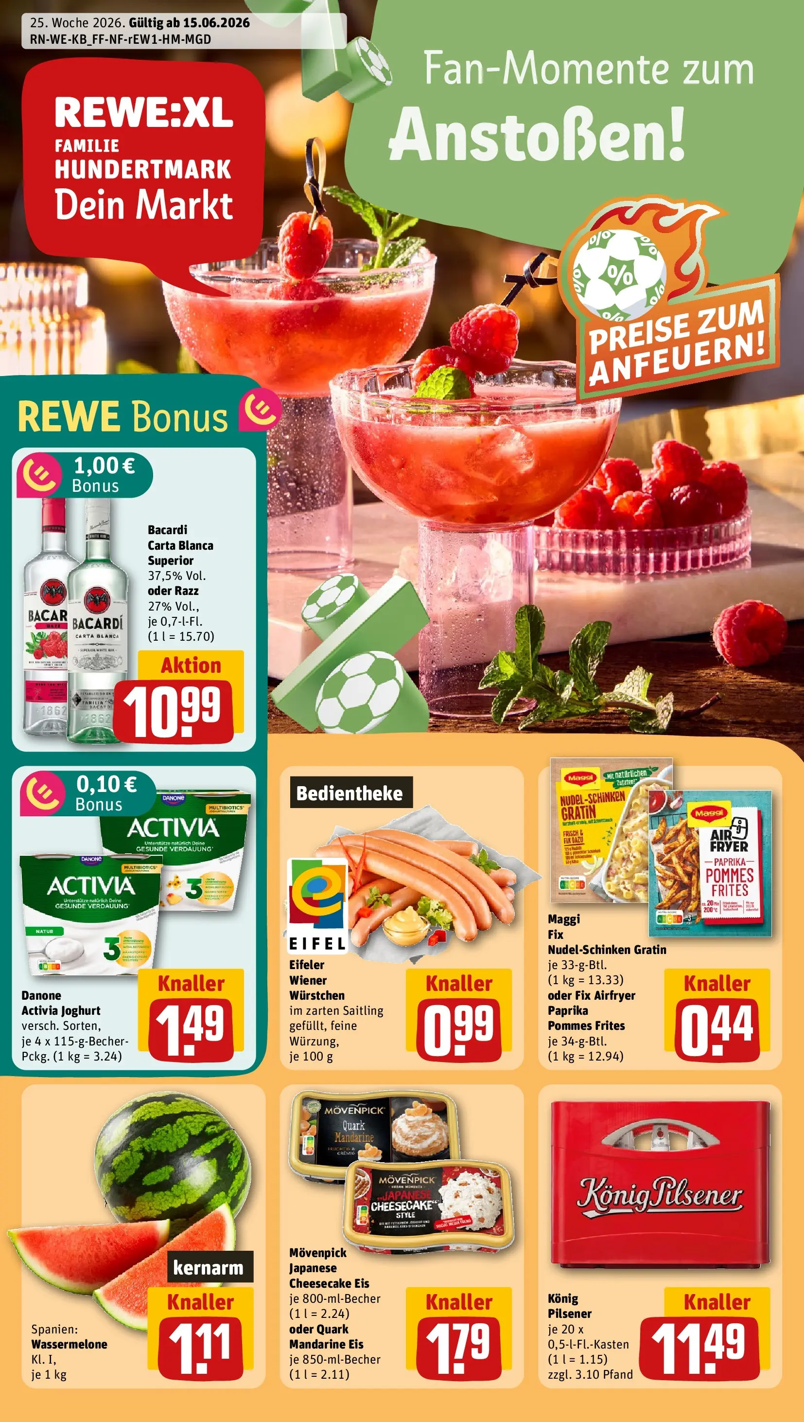 REWE Prospekt ab 14.06.2026 zum Blättern » Angebote | Seite: 1 | Produkte: Bacardi, Activia, Danone activia, Maggi fix