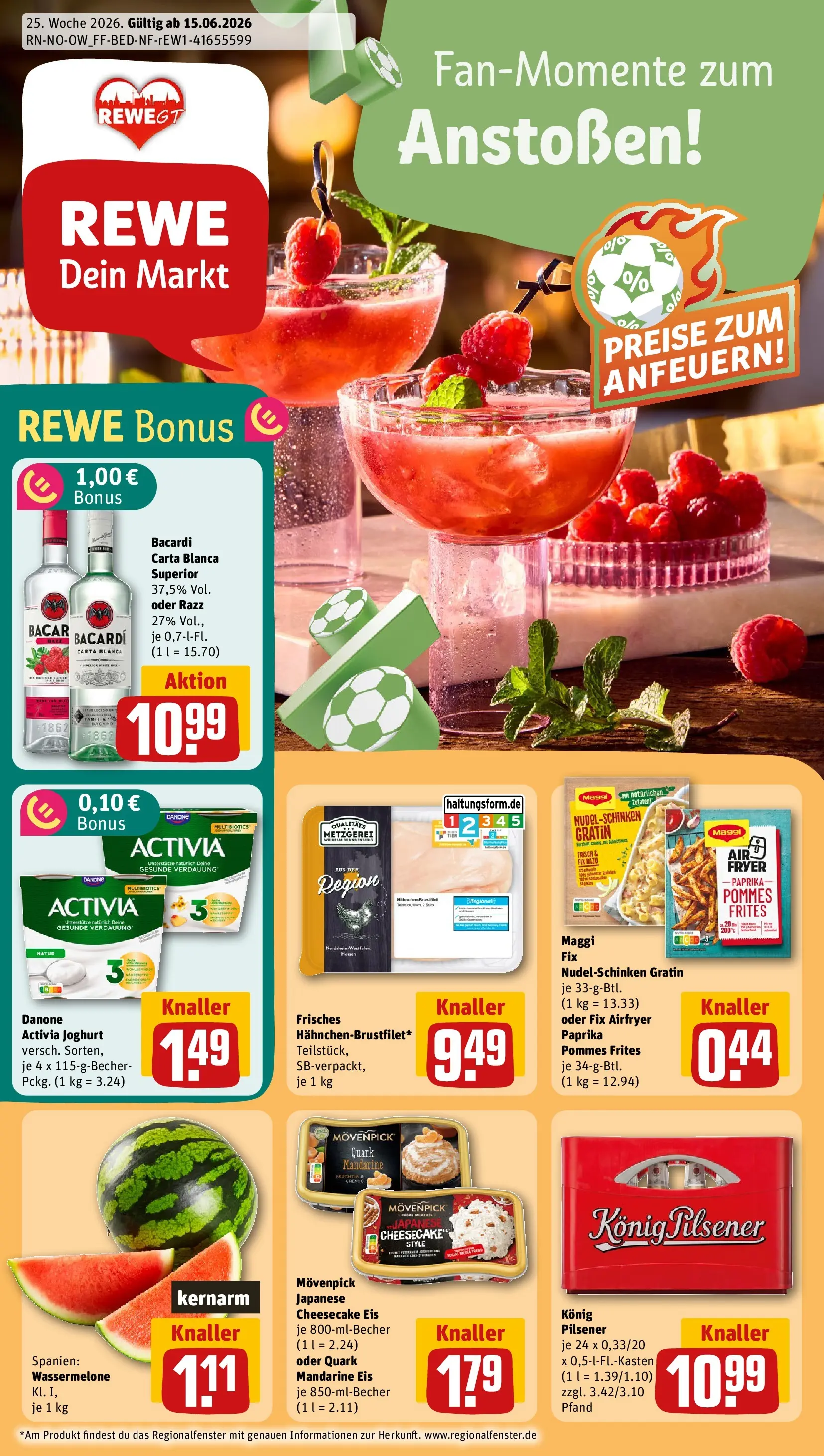 REWE Prospekt ab 14.06.2026 zum Blättern » Angebote | Seite: 1 | Produkte: Bacardi, Maggi, Quark, Maggi fix