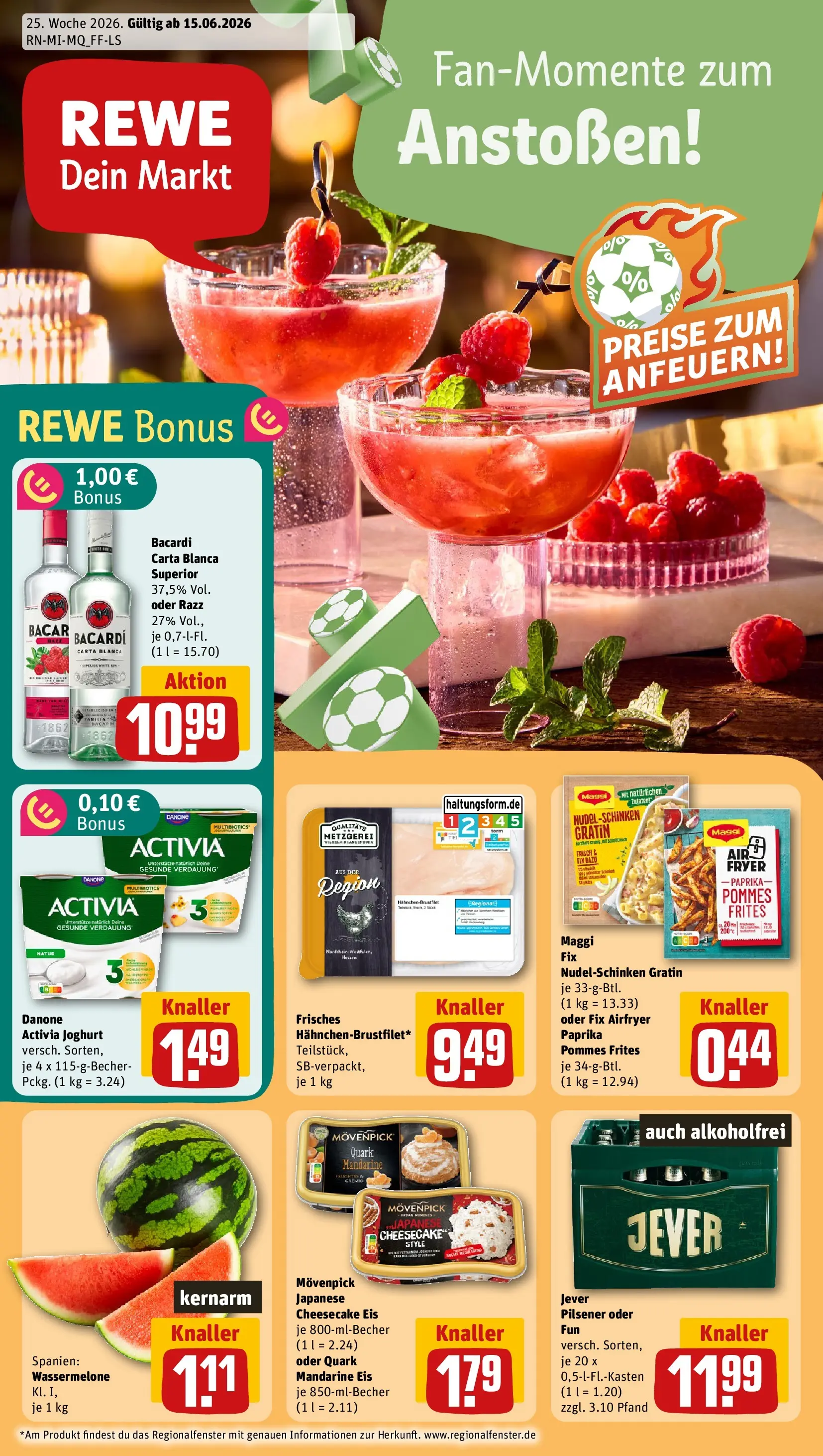 REWE Prospekt ab 14.06.2026 zum Blättern » Angebote | Seite: 1 | Produkte: Quark, Maggi fix, Wassermelone, Eis