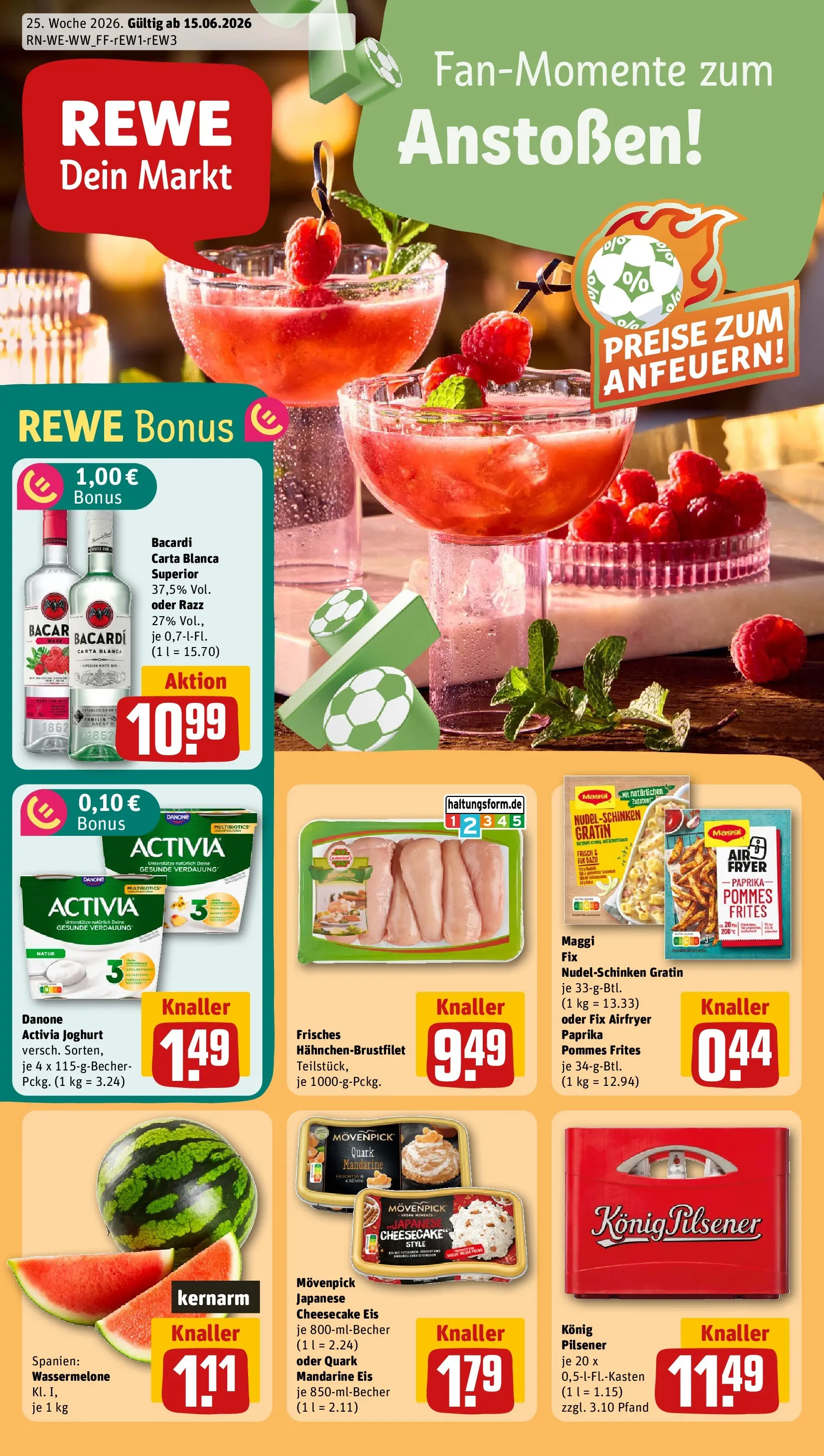 REWE Prospekt ab 14.06.2026 zum Blättern » Angebote | Seite: 1 | Produkte: Bacardi, Activia, Danone activia, Eis