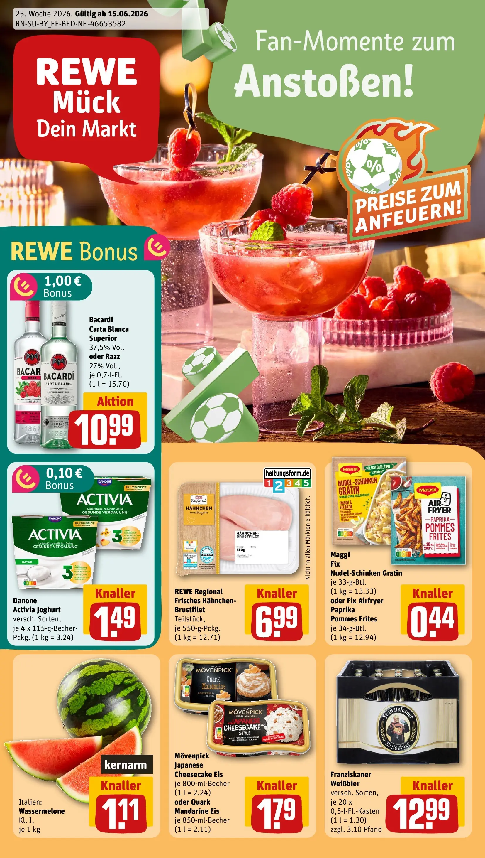 REWE Prospekt ab 14.06.2026 zum Blättern » Angebote | Seite: 1 | Produkte: Bacardi, Activia, Franziskaner, Danone activia