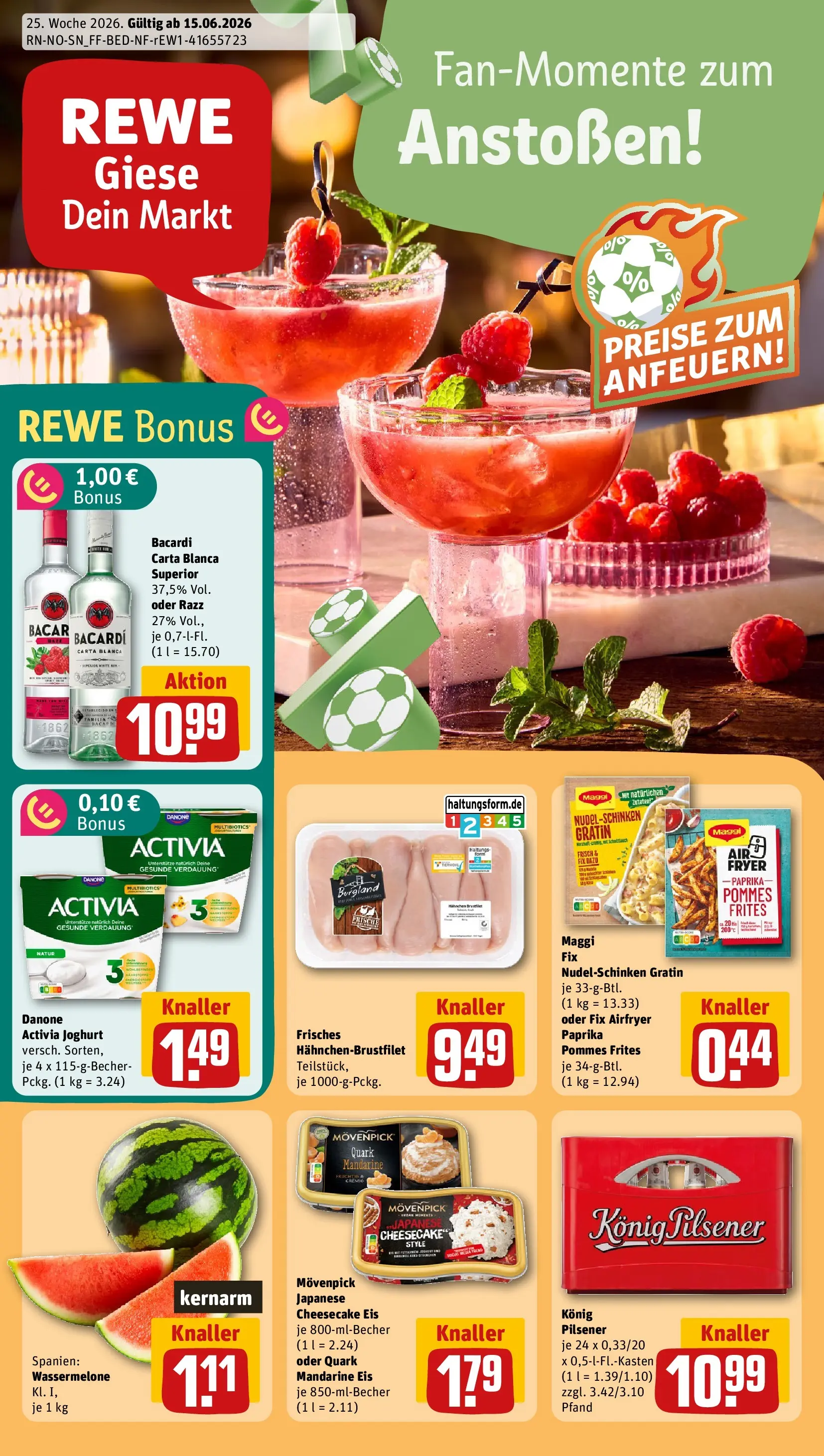 REWE Prospekt ab 14.06.2026 zum Blättern » Angebote | Seite: 1 | Produkte: Activia, Hahnchen, Maggi, Wassermelone