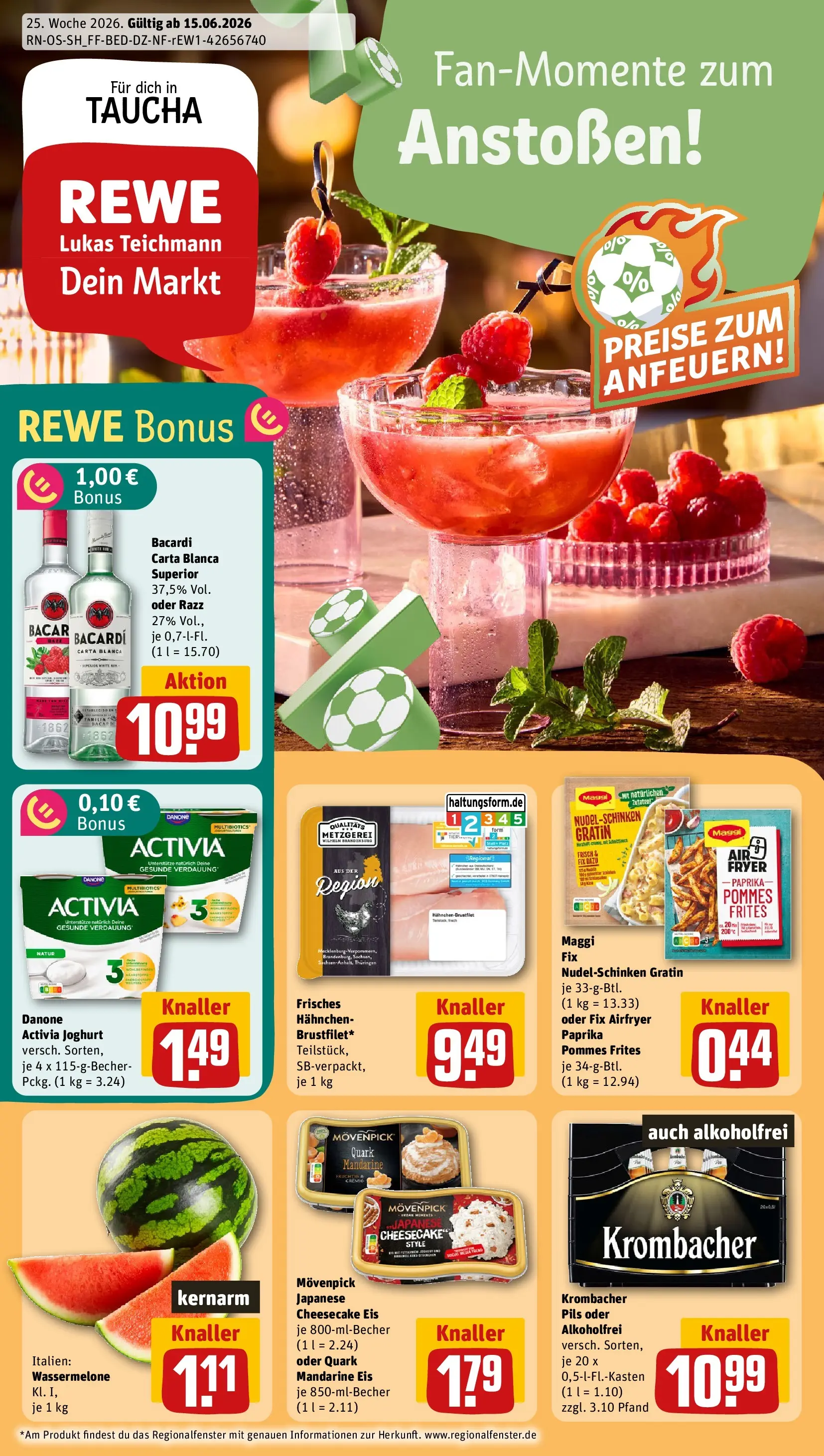 REWE Prospekt ab 14.06.2026 zum Blättern » Angebote | Seite: 1 | Produkte: Hahnchen, Pommes, Wassermelone, Krombacher