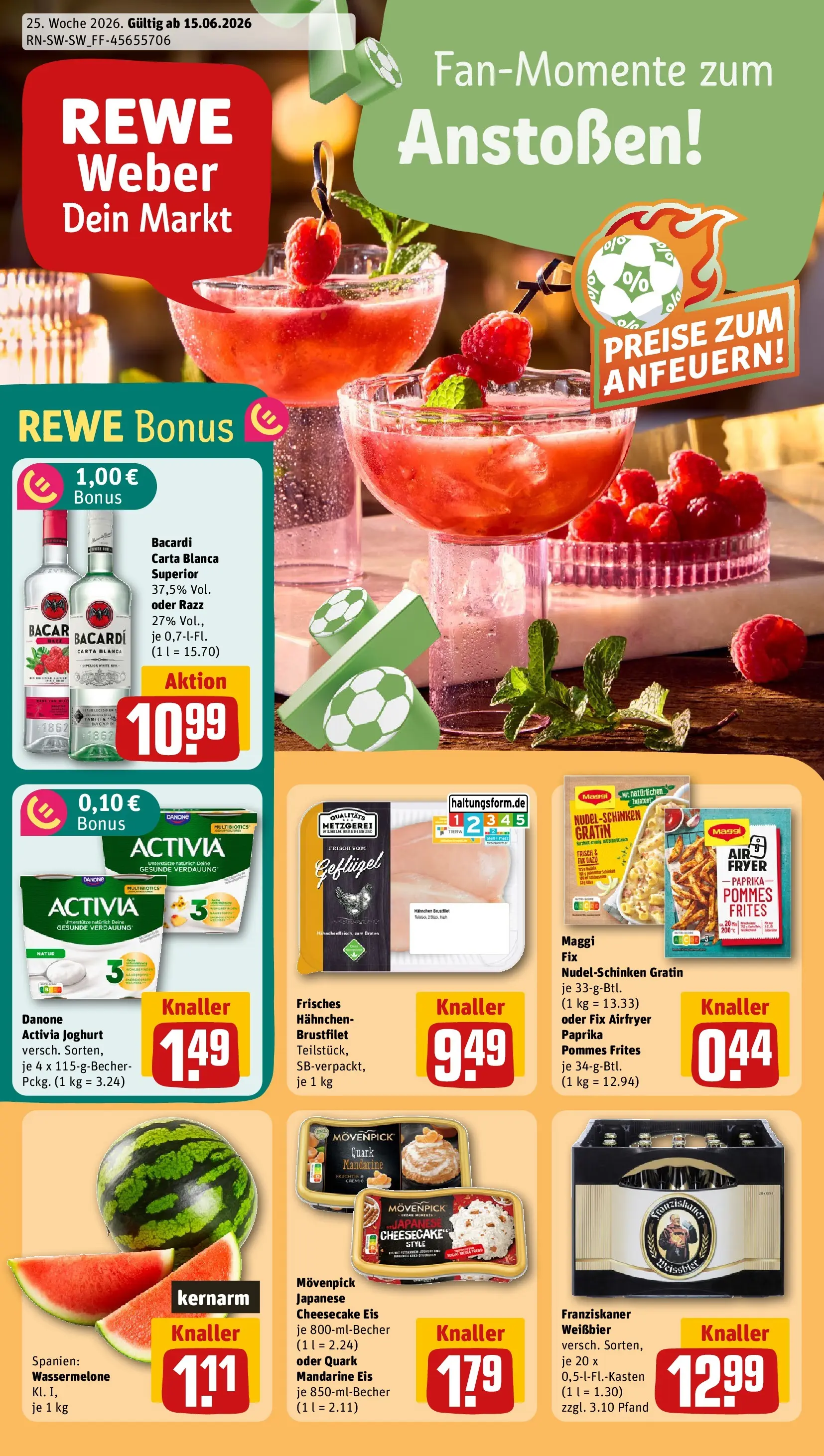 REWE Prospekt ab 14.06.2026 zum Blättern » Angebote | Seite: 1 | Produkte: Bacardi, Franziskaner, Weißbier, Paprika