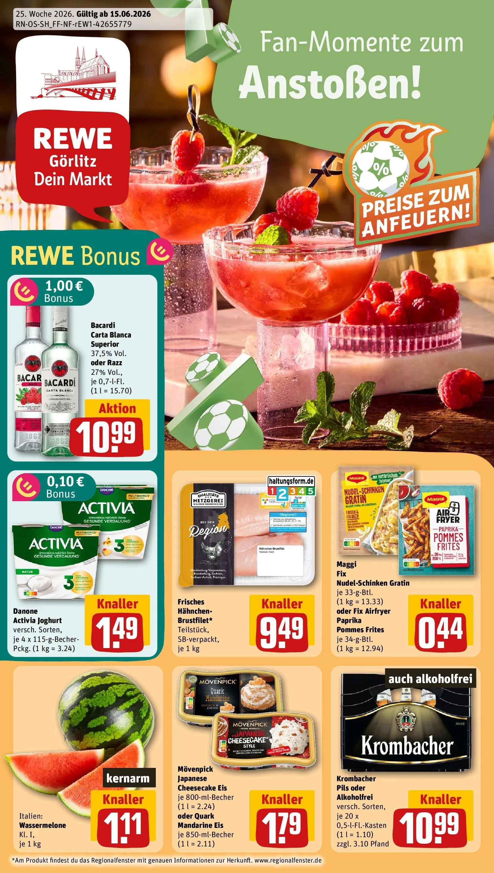 REWE Prospekt ab 14.06.2026 zum Blättern » Angebote | Seite: 1 | Produkte: Activia, Hahnchen, Maggi, Pommes frites