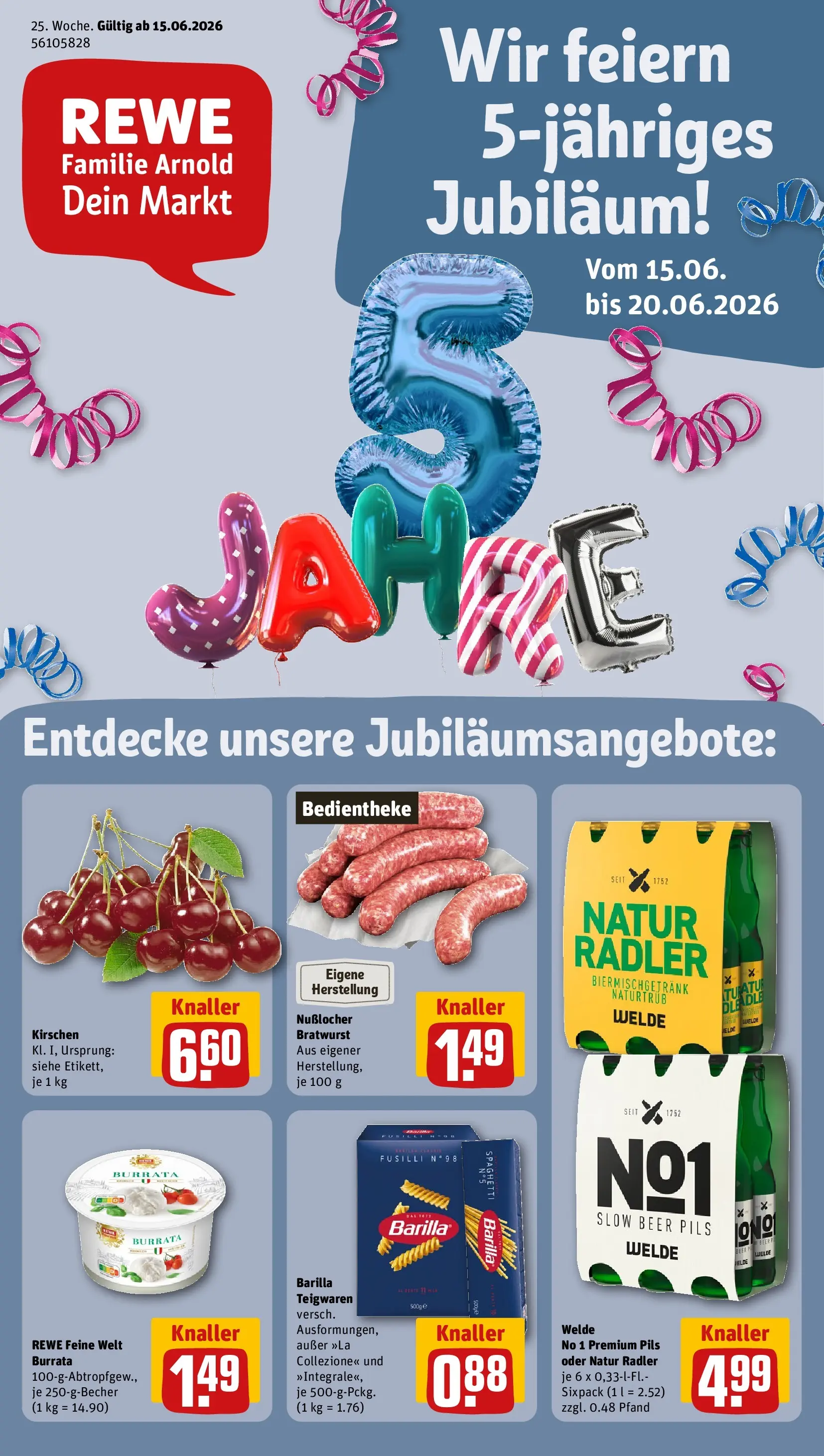 REWE Prospekt ab 14.06.2026 zum Blättern » Angebote | Seite: 1 | Produkte: Pils, Bratwurst, Kirschen, Pasta