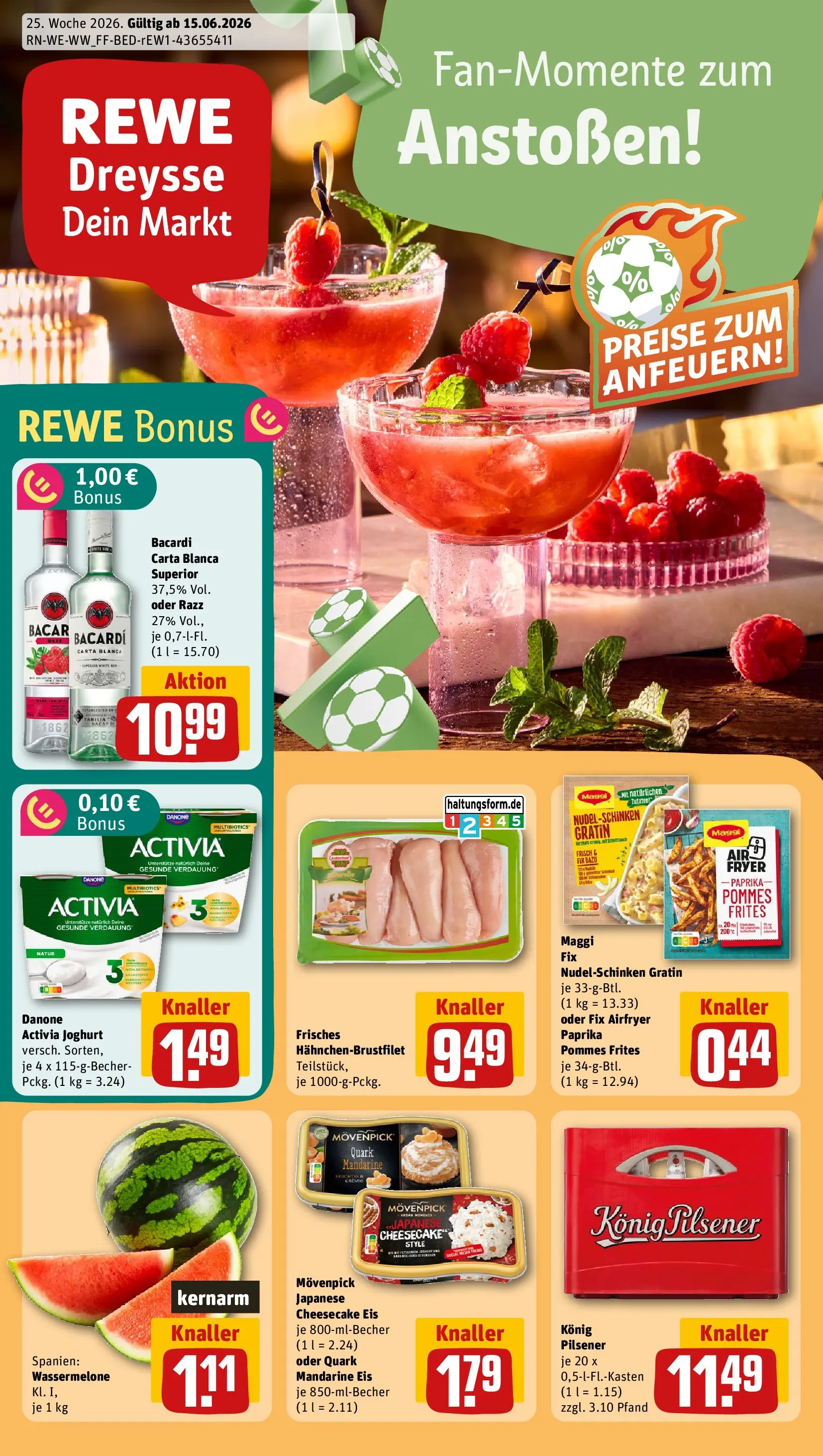 REWE Prospekt ab 14.06.2026 zum Blättern » Angebote | Seite: 1 | Produkte: Bacardi, Activia, Maggi, Paprika