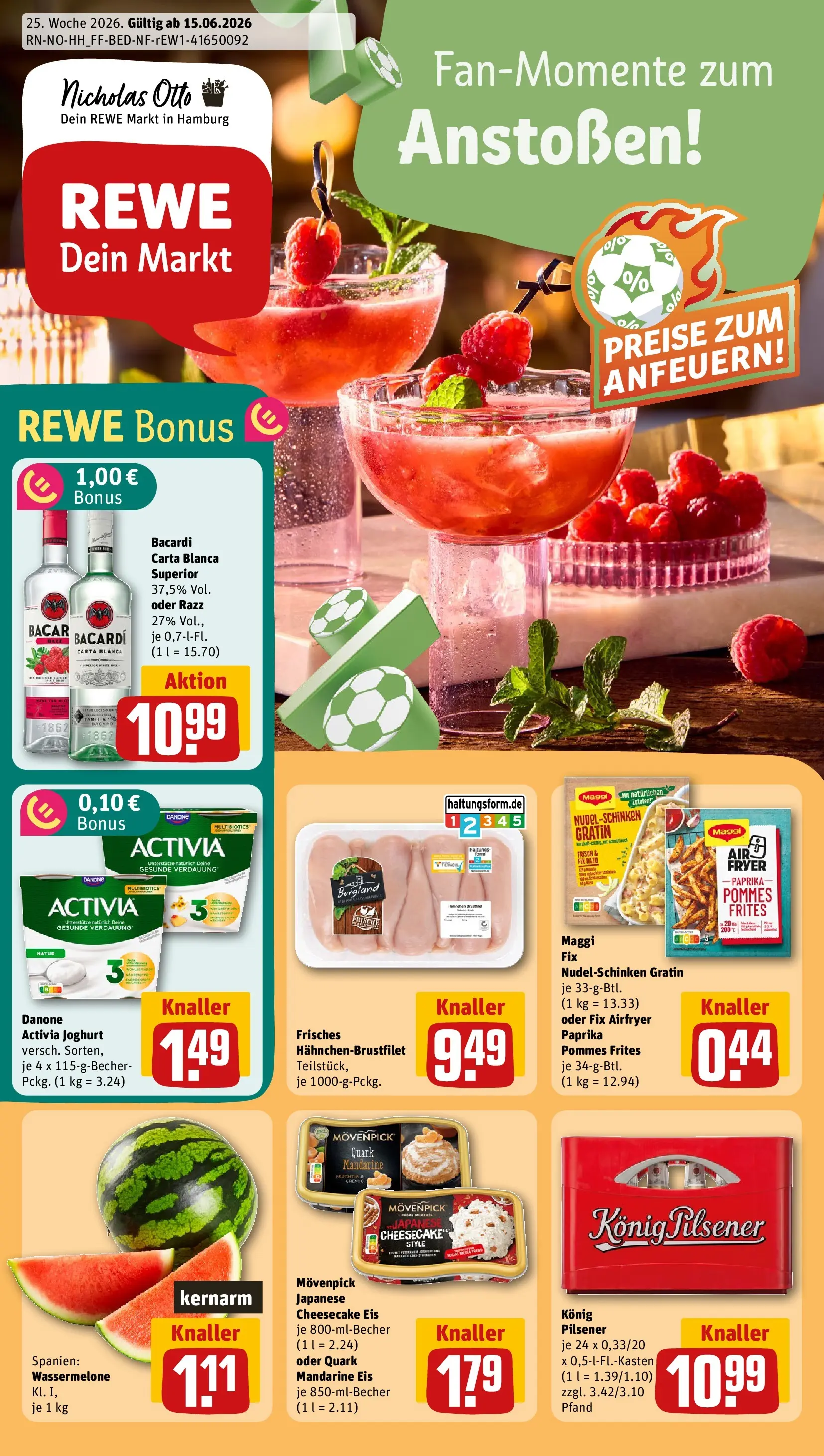 REWE Prospekt ab 14.06.2026 zum Blättern » Angebote | Seite: 3 | Produkte: Hahnchen, Rum, Pommes frites, Eis