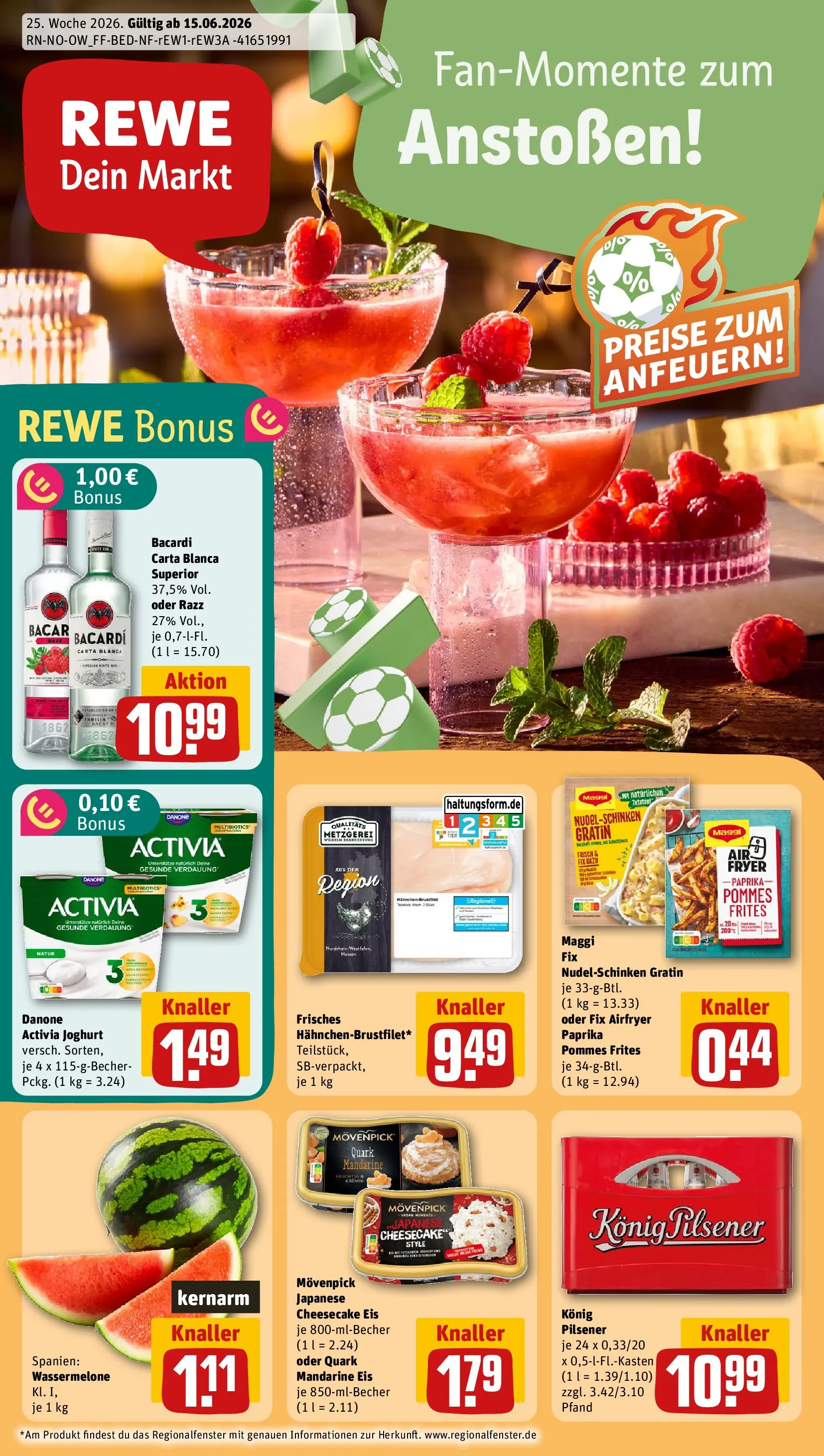 REWE Prospekt ab 14.06.2026 zum Blättern » Angebote | Seite: 1 | Produkte: Bacardi, Maggi, Joghurt, Rum